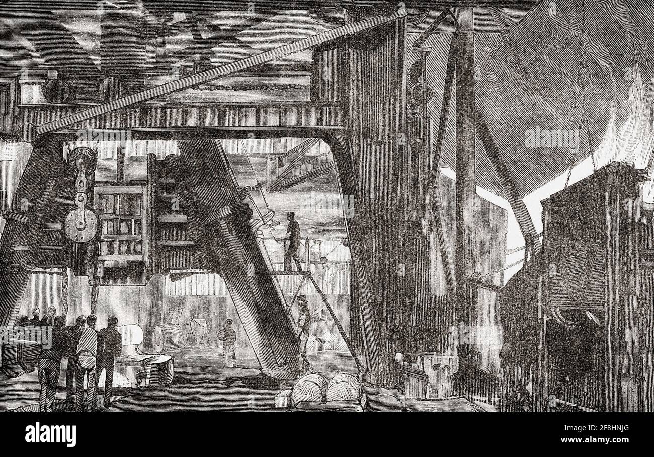 Il Big Hammer che dà un colpo di 3,000 tonnellate, utilizzato per lavori pesanti di forgiatura nel Whitworth Armstrong, Elswick Works, Newcastle on Tyne, Inghilterra, fondata nel 1847 dall'ingegnere William George Armstrong. Da grandi ingegneri, pubblicato circa 1890 Foto Stock