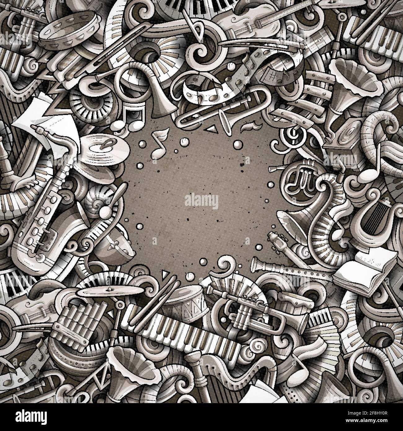Cartoon vettoriale doodles cornice musicale classica. Grafico, dettagliato, con molti oggetti di sfondo. Tutti gli oggetti sono separati. Bordo divertente musicale monocromatico Illustrazione Vettoriale