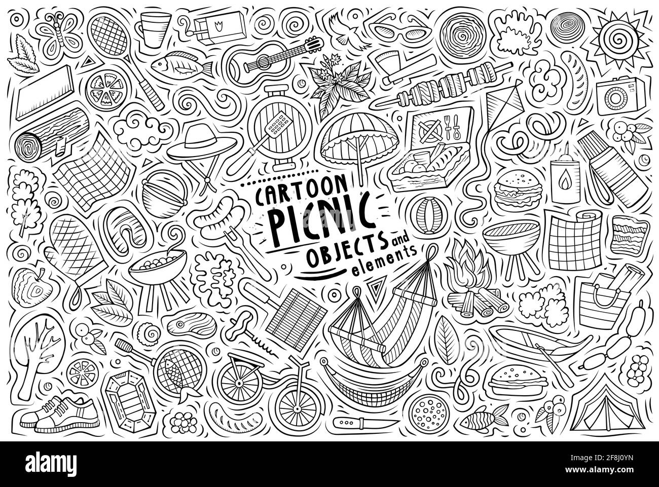 Line art vettoriale doodle disegnata a mano cartoon set di oggetti, oggetti e simboli a tema picnic Illustrazione Vettoriale