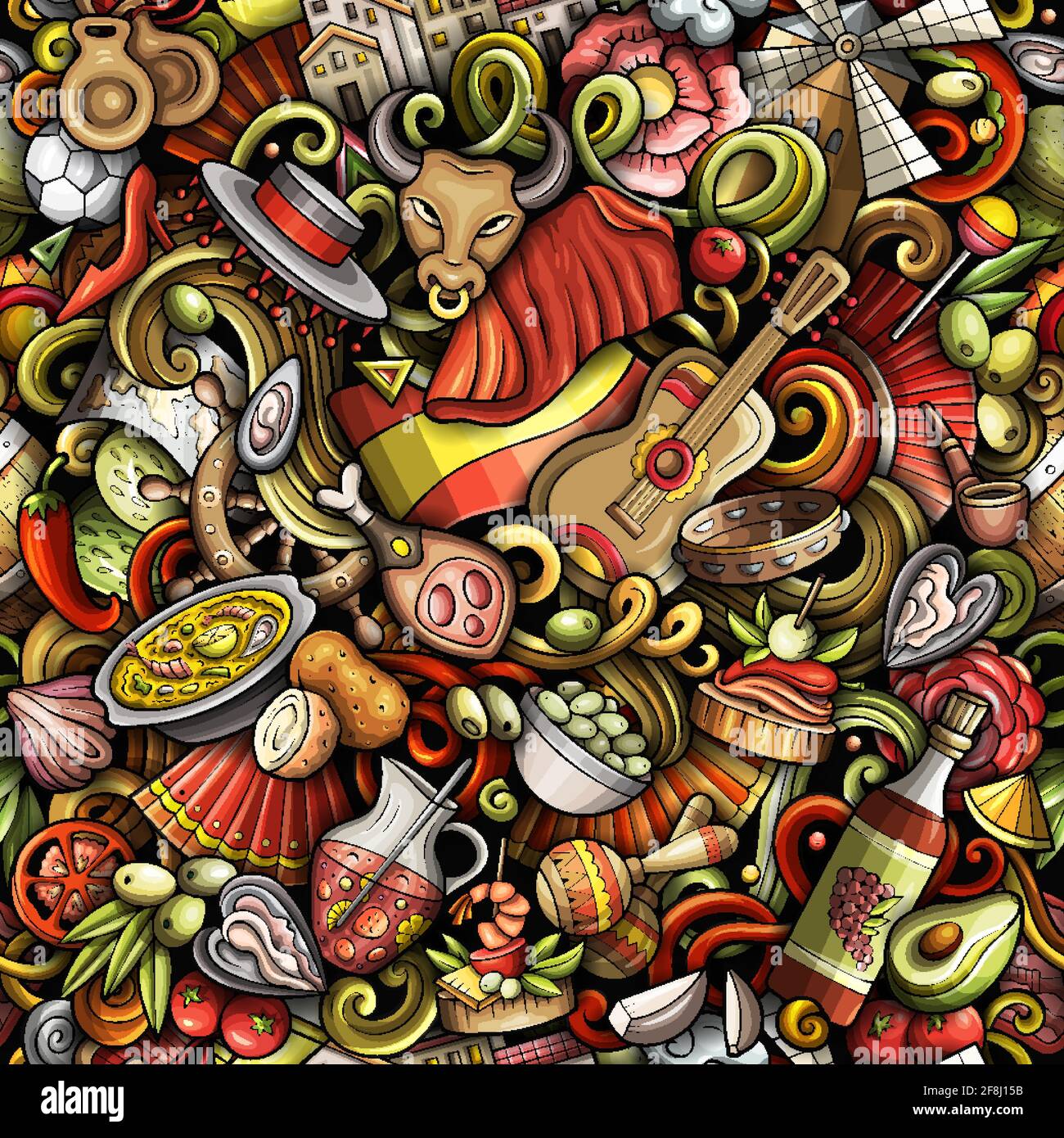 Cartoon doodles Spagna modello senza giunture. Sfondo con simboli e oggetti della cultura spagnola. Dettagli colorati, con molti oggetti di sfondo per la stampa Illustrazione Vettoriale