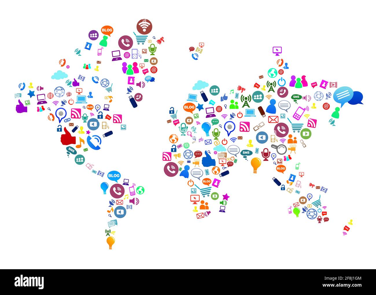 mappa del mondo testa con internet social media tecnologia simboli . icone colorate mappa forma . Foto Stock