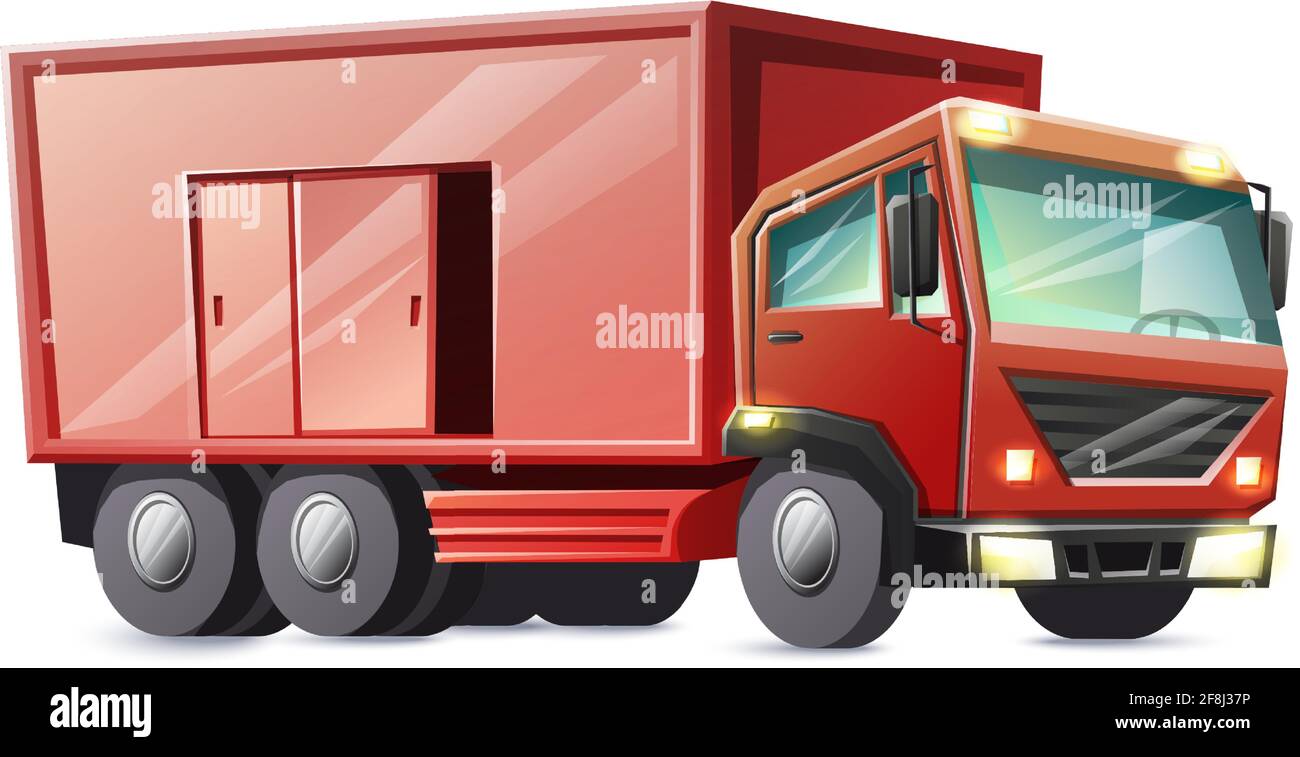 Camion cargo rosso stile cartoon vettore isolato su sfondo bianco. Illustrazione Vettoriale
