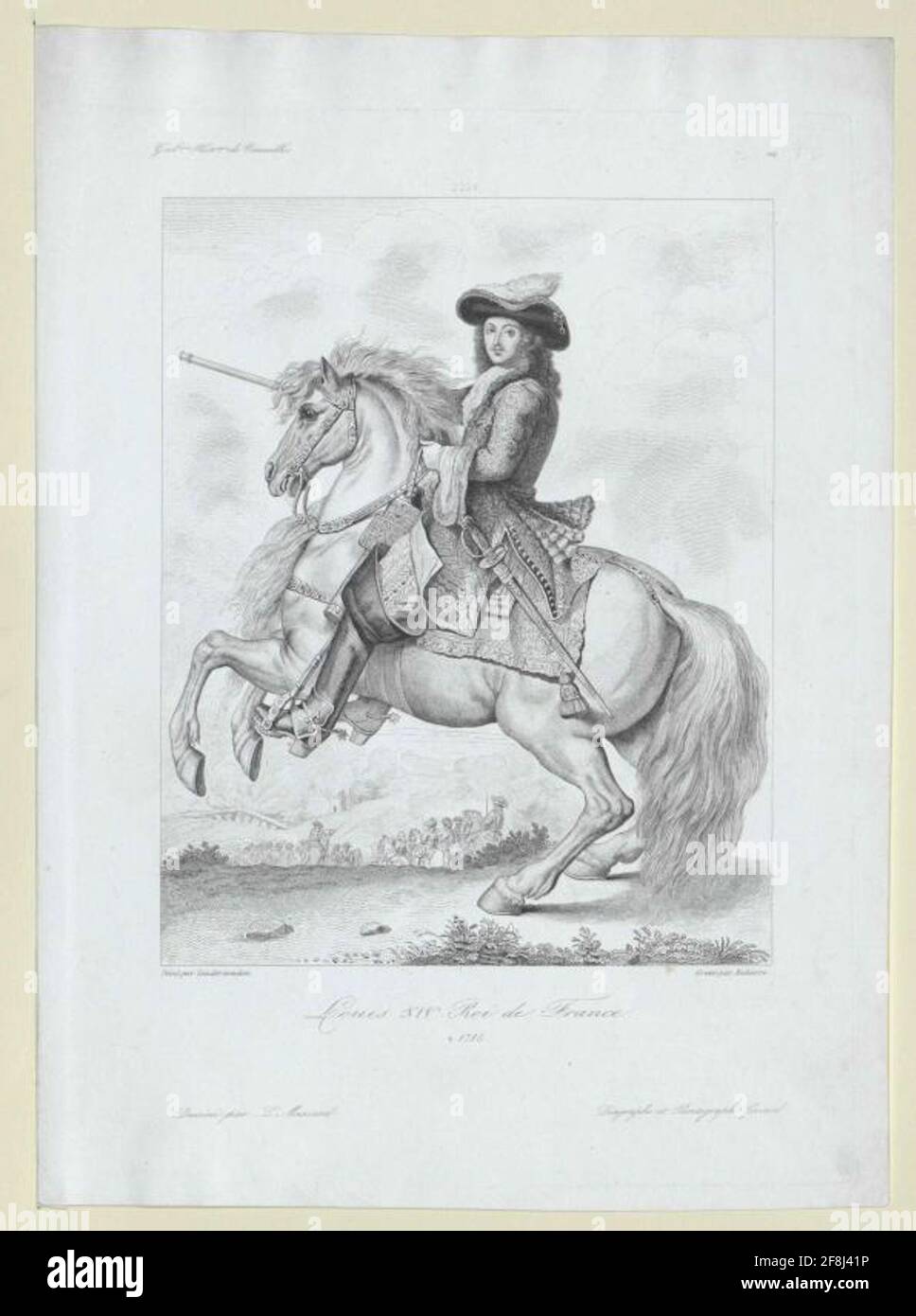 Ludwig XIV, Re di Francia Stampa di Ruhervre dopo il disegno di L [Épold] Mussard che ritorna al dipinto di [Adam Frans] van der Meulen Foto Stock