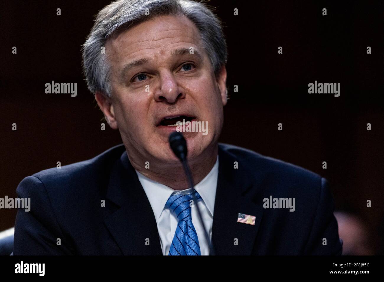 Christopher Wray, direttore dell'FBI, parla durante un'audizione del Comitato di intelligence del Senato sulle "minacce globali", a Capitol Hill, a Washington, mercoledì 14 aprile, 2021 Foto di Graeme Jennings/Pool/ABACAPRESS.COM Foto Stock