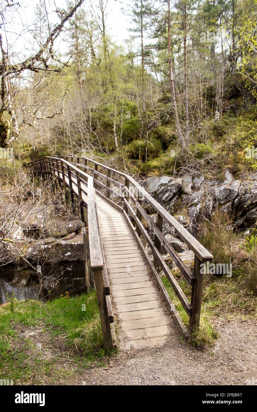 Un ponte di legno che attraversa il fiume Affric, che scorre attraverso il folto bosco di Glen Affric, Scozia Foto Stock