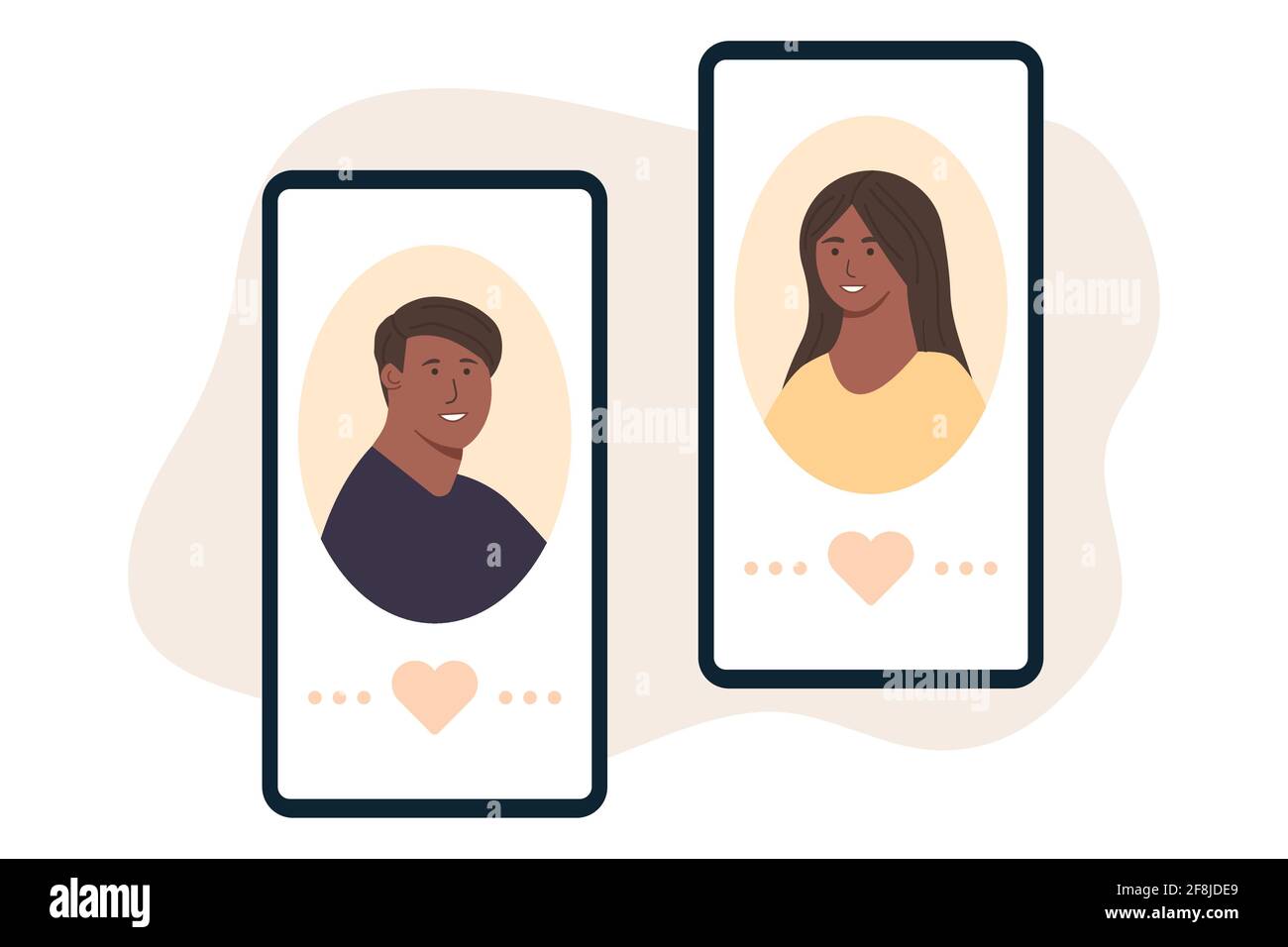 Gli amanti di uomo e donna via on-line in telefono cellulare dating app. Illustrazione vettoriale piatta. Incontri online durante il coronavirus, coppia a lunga distanza sociale Illustrazione Vettoriale