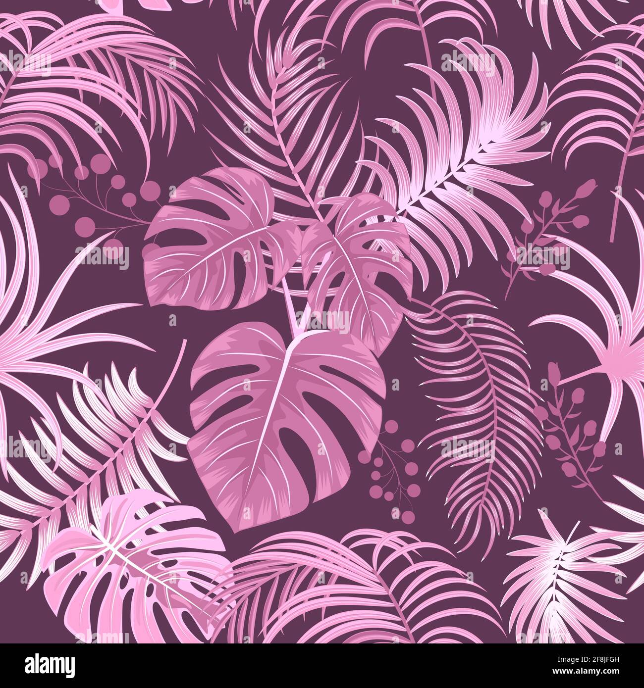 Vettore tropicale modello senza giunture con foglie di palma e fiori. Sfondo floreale, carta da parati giungla. Illustrazione Vettoriale