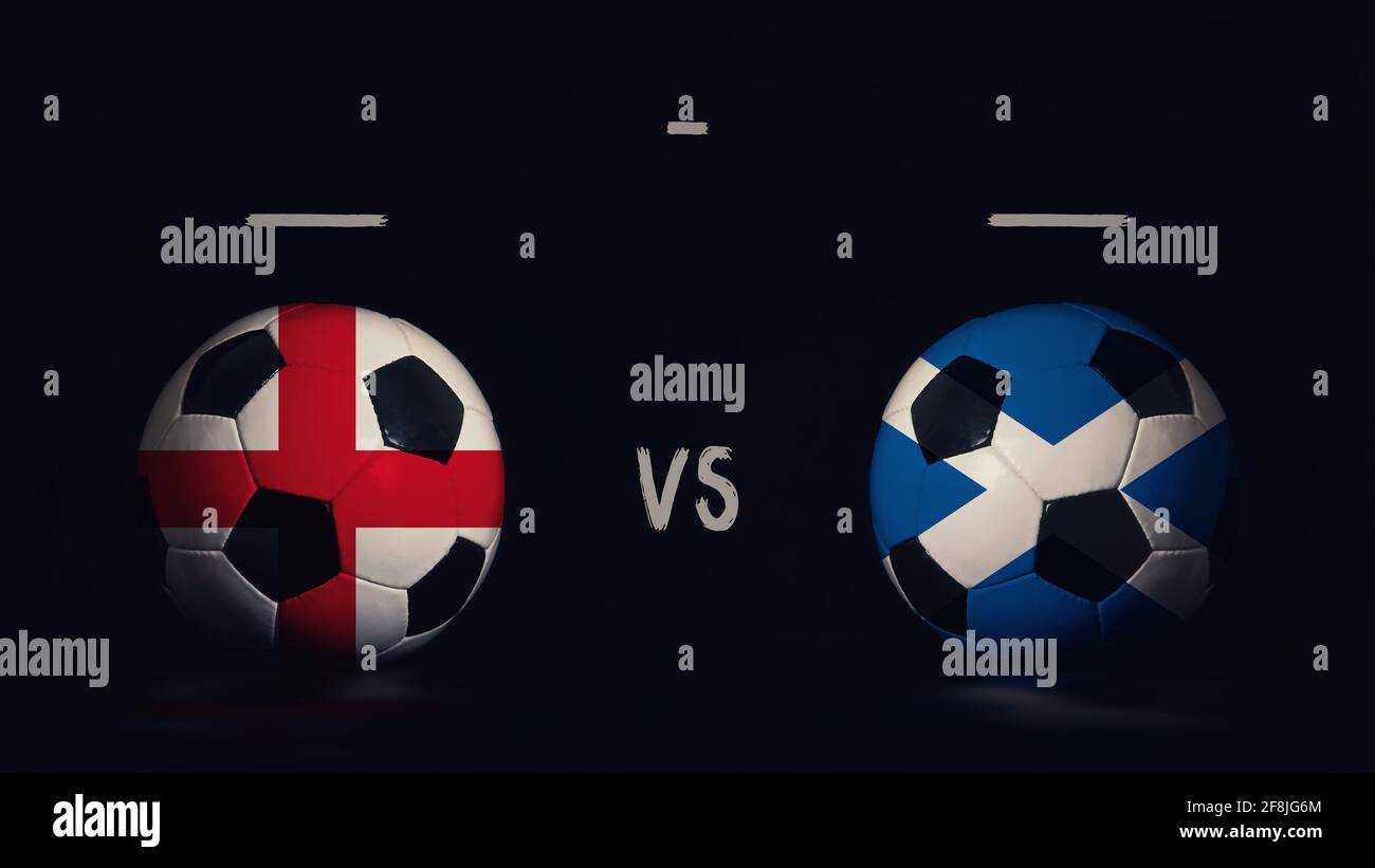 Inghilterra vs Scozia Euro 2020 incontro di calcio annuncio. Due palline da calcio con bandiere di campagna, che mostrano infografica partita, isolate su backgr nero Foto Stock