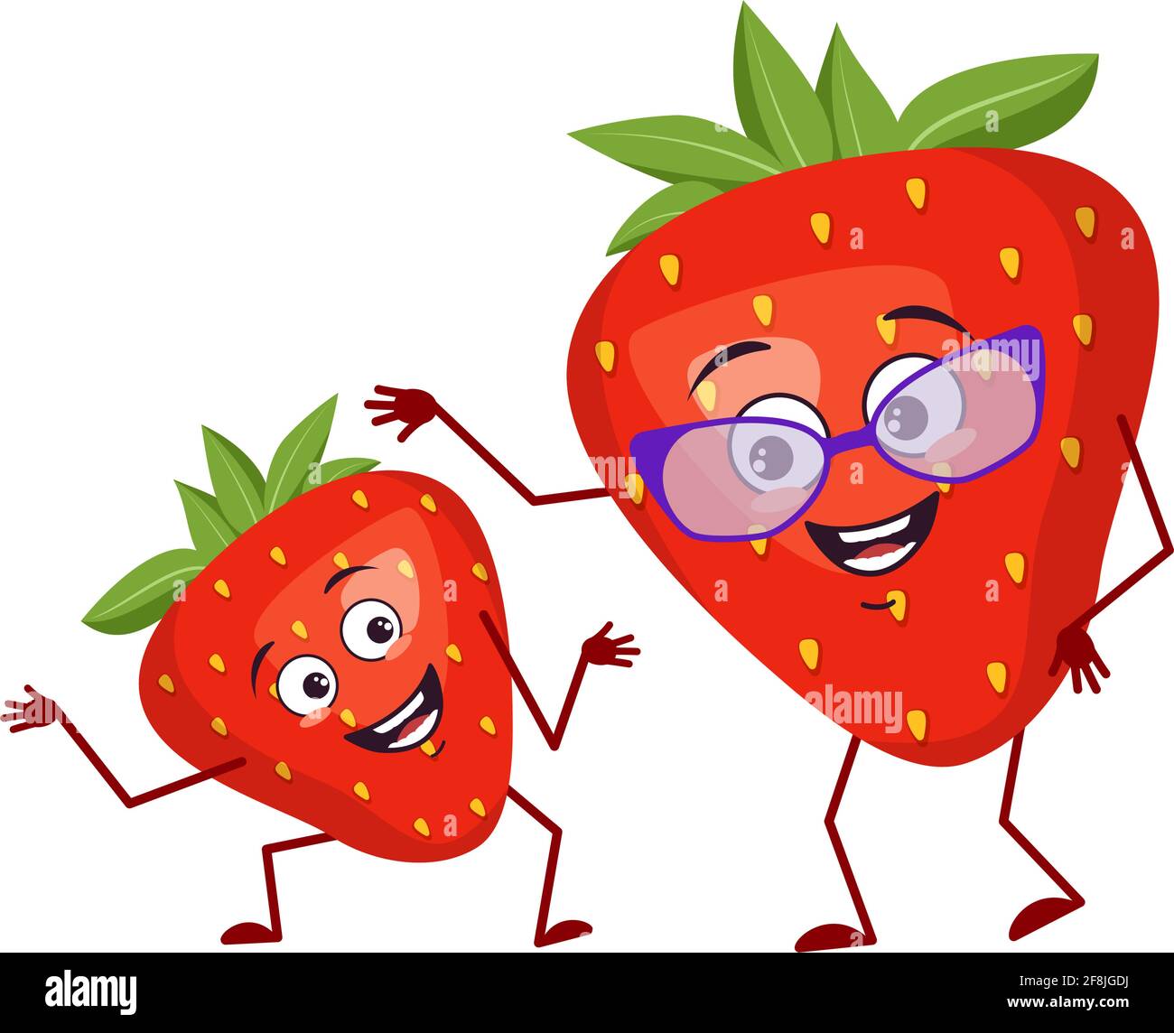 Simpatico personaggio di fragola nonna e nipote divertenti, braccia e gambe. Il divertente o triste eroe, frutti rossi e bacche con bicchieri Illustrazione Vettoriale