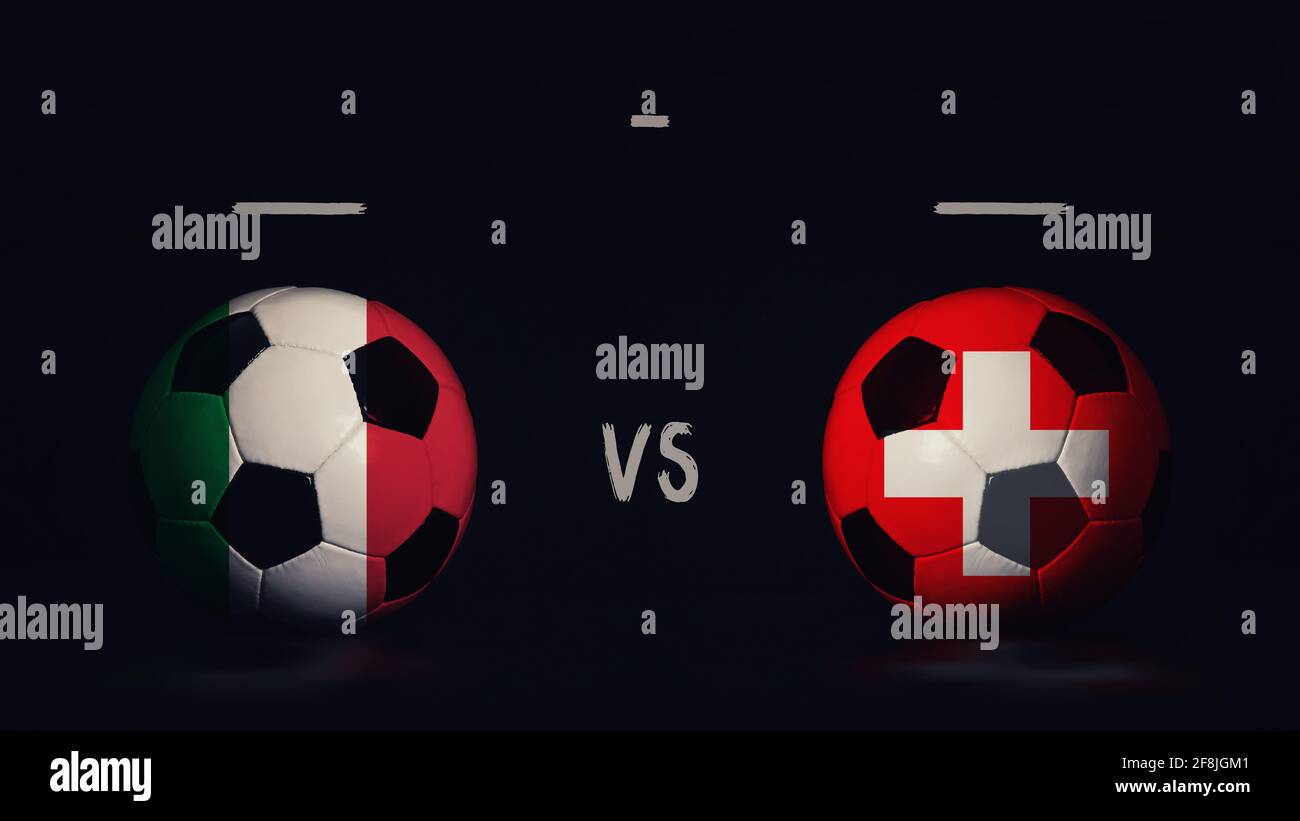 Italia vs Svizzera Euro 2020 incontro di calcio annuncio. Due palline da calcio con bandiere di campagna, con infografica della partita, isolate su backg nero Foto Stock