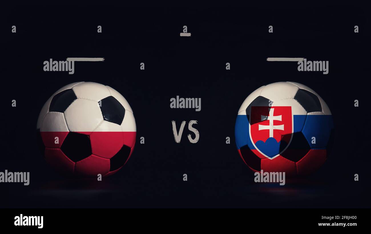 Polonia vs Slovacchia Euro 2020 incontro di calcio annuncio. Due palline da calcio con bandiere di campagna, che mostrano infografica partita, isolate su backgro nero Foto Stock