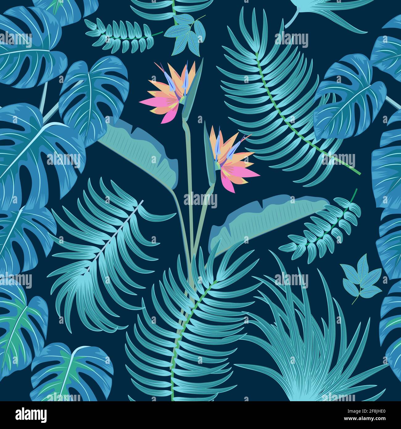 Modello vettoriale tropicale senza giunture con foglie di palma e fiori. Sfondo botanico, carta da parati giungla. Illustrazione Vettoriale