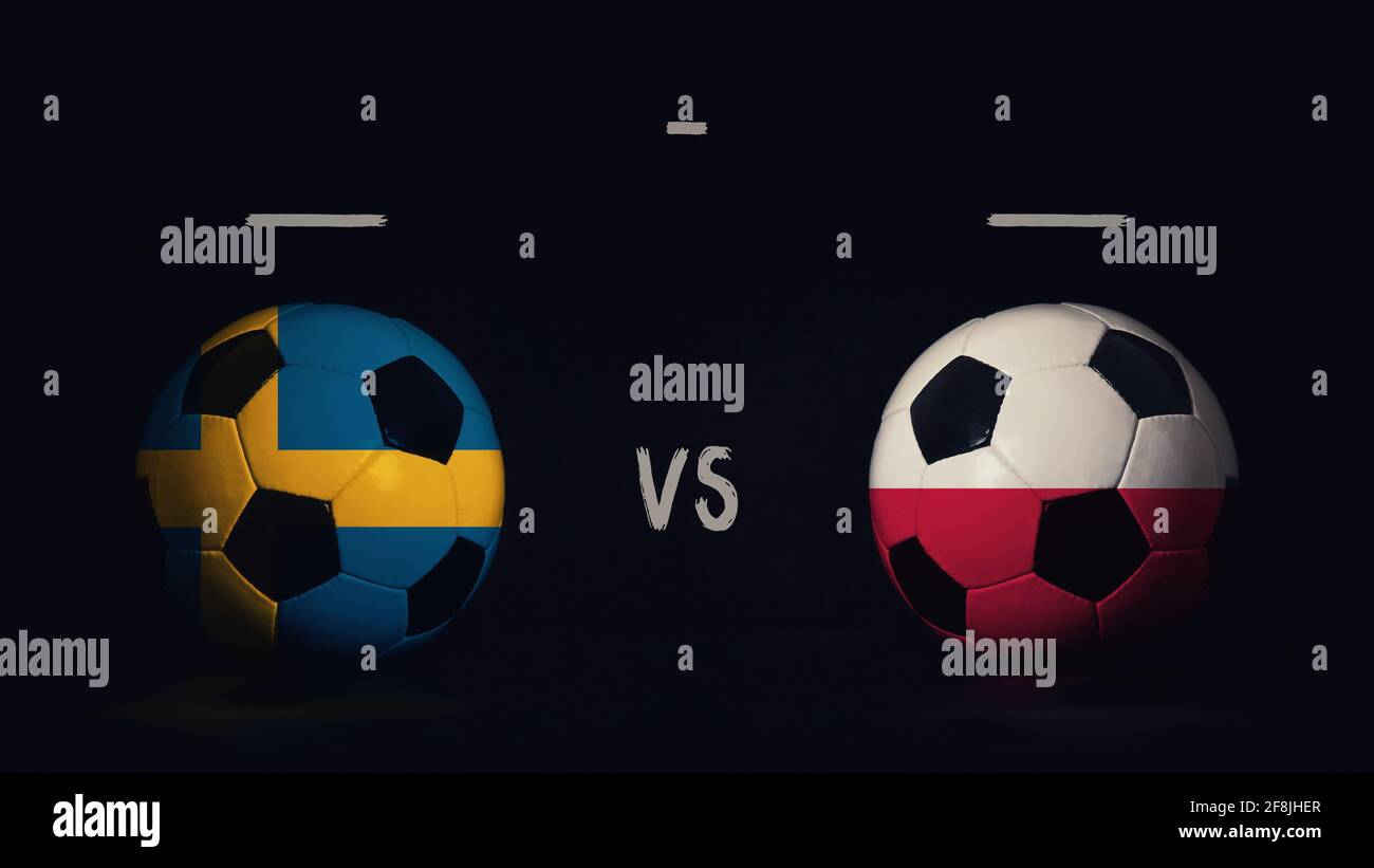 Svezia vs Polonia Euro 2020 incontro di calcio annuncio. Due palline da calcio con bandiere di campagna, con infografica partita, isolate su backgroun nero Foto Stock