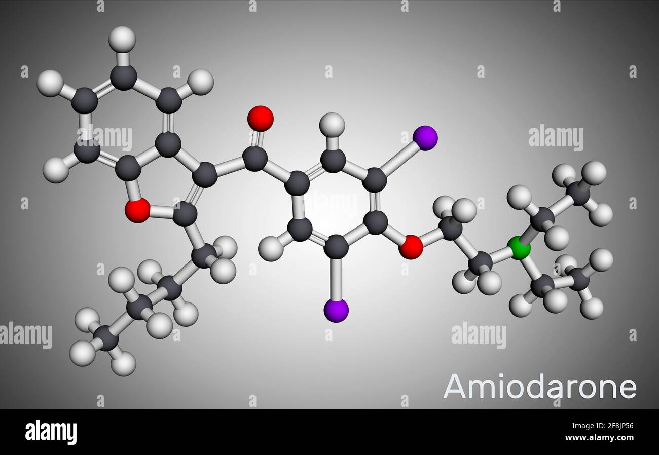 Molecola di amiodarone. È un farmaco antiaritmico, vasodilatatorio, cardiovascolare. Modello molecolare. Rendering 3D. Illustrazione 3D Foto Stock