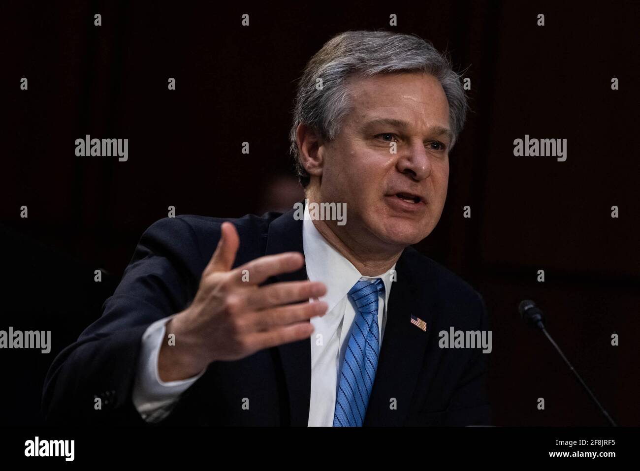 Christopher Wray, direttore dell'FBI, parla durante un'audizione del Comitato di intelligence del Senato sulle "minacce globali", a Capitol Hill, a Washington, mercoledì 14 aprile, 2021 Foto di Graeme Jennings/Pool/ABACAPRESS.COM Foto Stock