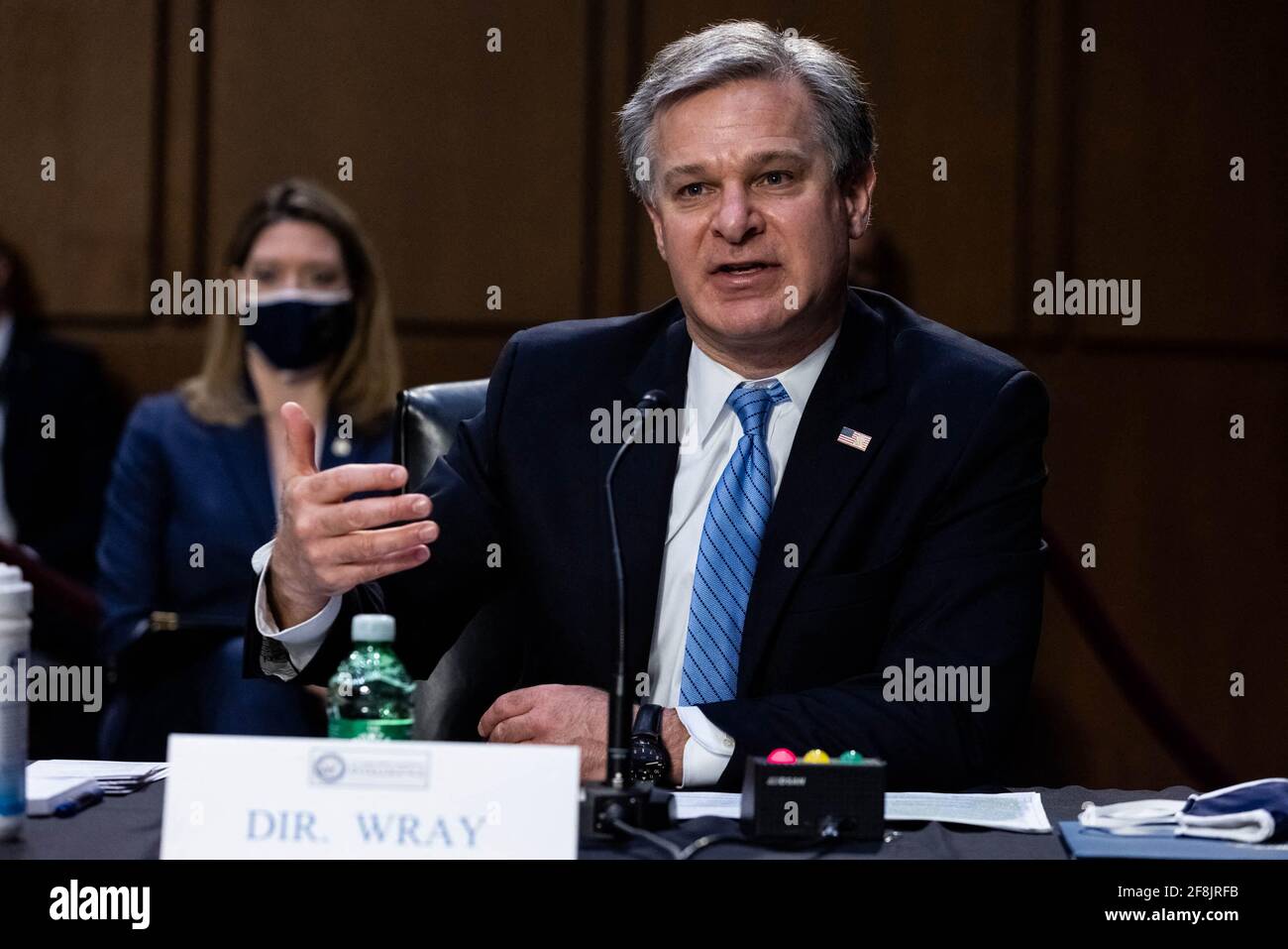 Christopher Wray, direttore dell'FBI, parla durante un'audizione del Comitato di intelligence del Senato sulle "minacce globali", a Capitol Hill, a Washington, mercoledì 14 aprile, 2021 Foto di Graeme Jennings/Pool/ABACAPRESS.COM Foto Stock