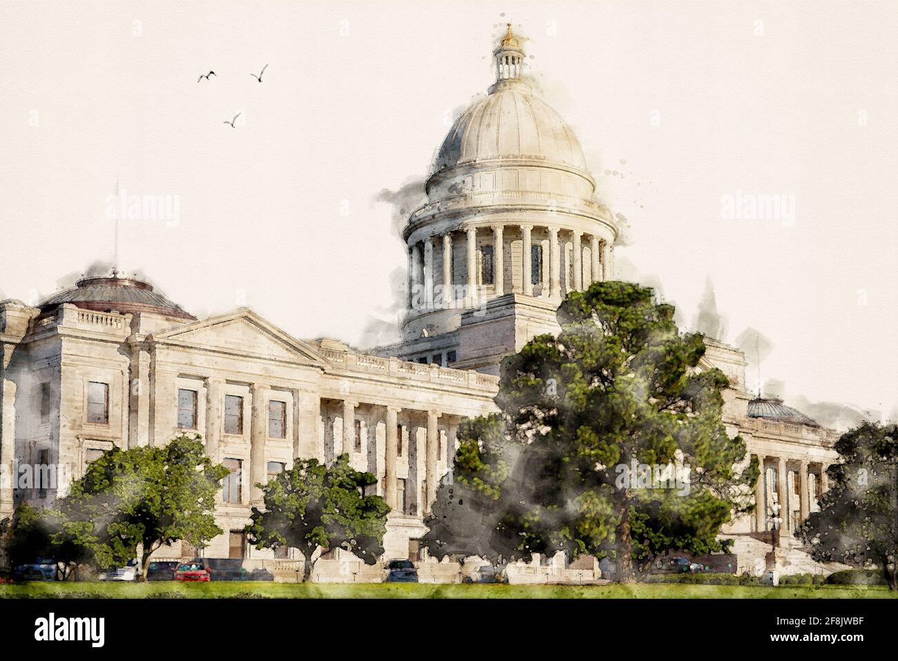 Il Campidoglio dell'Arkansas, il Campidoglio a Little Rock, Arkansas, Stati Uniti. Acquarello, illustrazione acquerello. Foto Stock