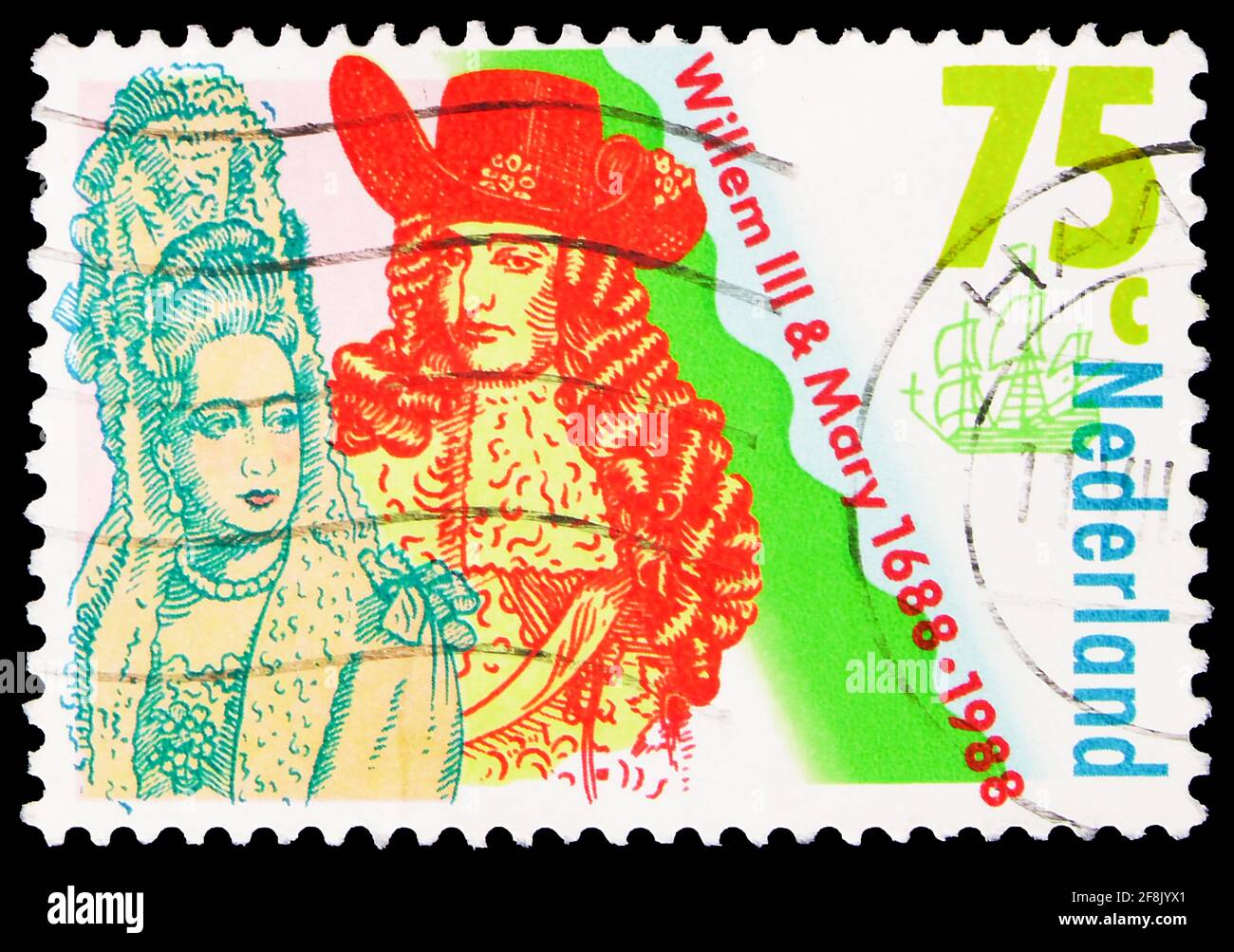 MOSCA, RUSSIA - 7 OTTOBRE 2019: Il francobollo stampato in Olanda mostra il mondo di Guglielmo III e Maria, Guglielmo e Maria II Stuart, serie, 75 Foto Stock