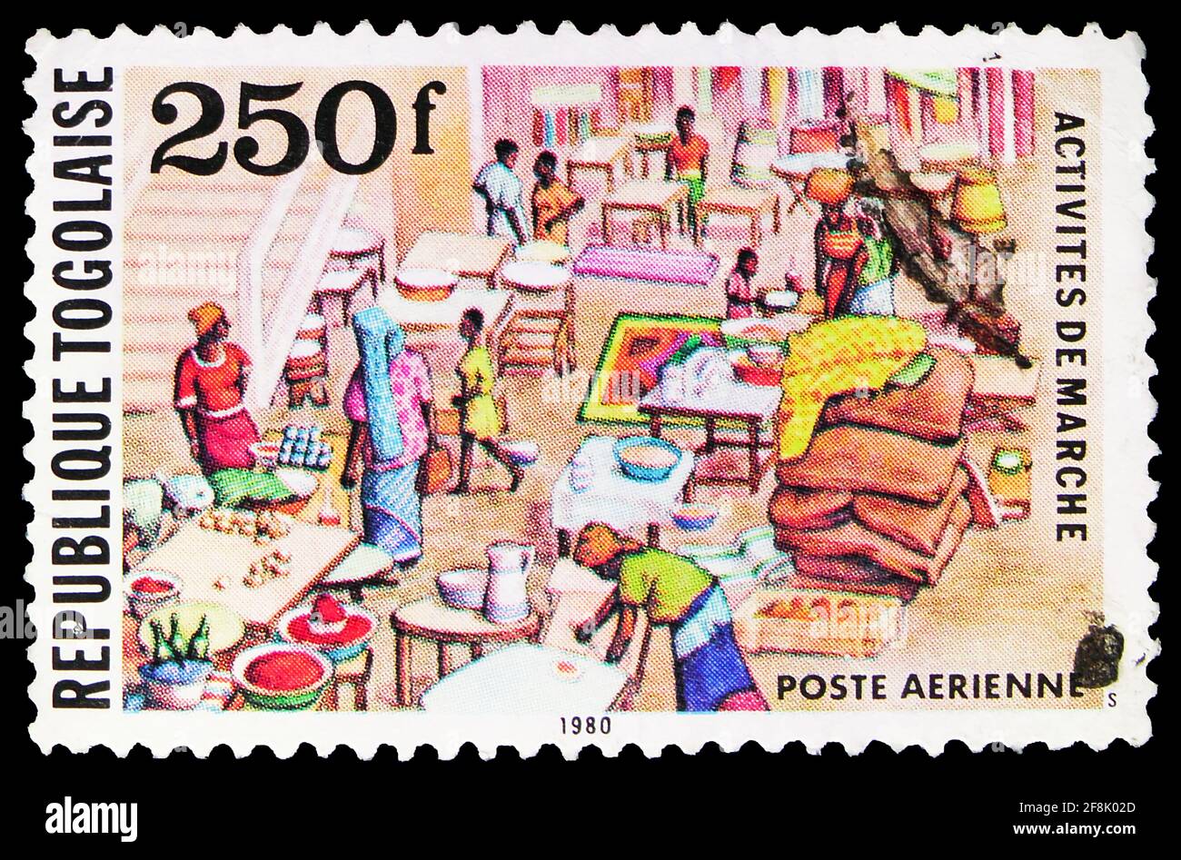 Francobollo stampato in Togo spettacoli attività a piedi, serie di scene di mercato, 250 CFA - franco CFA Africa occidentale, circa 1981 Foto Stock