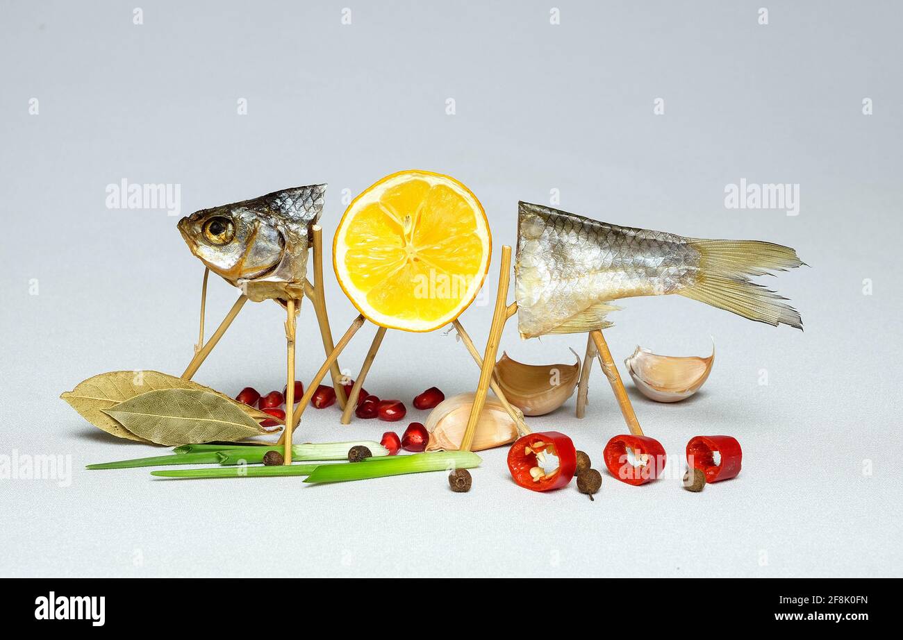 ancora vita con pesce secco Foto Stock