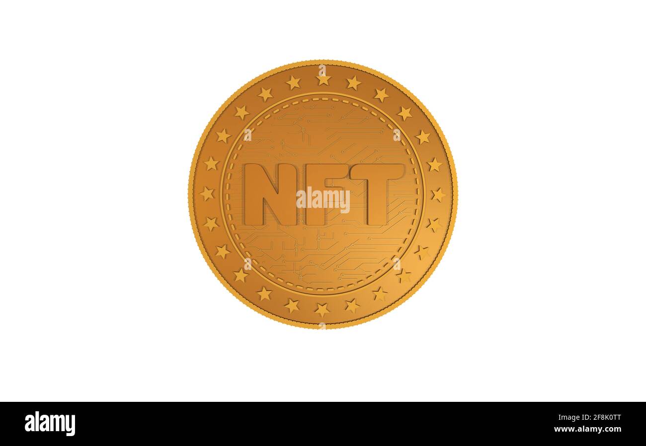 NFT Crypto ART moneta d'oro isolata su sfondo verde. Illustrazione del concetto astratto. Foto Stock