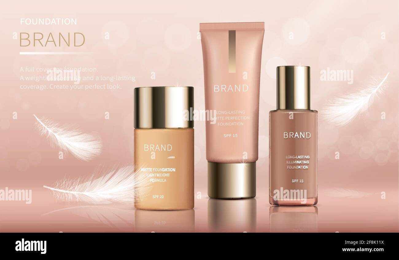 Banner vettoriale realistico cosmetico con fondazione per trucco perfetto, cosmetici decorativi. Base Colourstay di varie sfumature in bottiglia con etichette di marca e piume bianche per riviste lucide Illustrazione Vettoriale