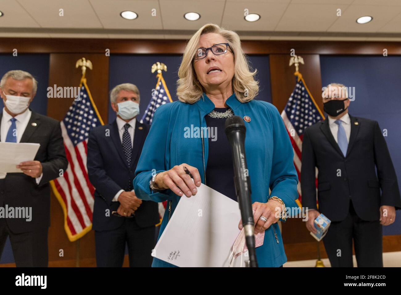 Washington, Stati Uniti. 14 Apr 2021. Il Rep. Liz Cheney (R-WY) parla a una conferenza stampa al Campidoglio degli Stati Uniti a Washington, DC mercoledì 14 aprile 2021. I membri repubblicani della Camera hanno parlato del loro recente viaggio nel confine meridionale e dell’aumento dei bambini che attraversano il confine negli Stati Uniti. Photo by Tasos Katopodis/UPI Credit: UPI/Alamy Live News Foto Stock