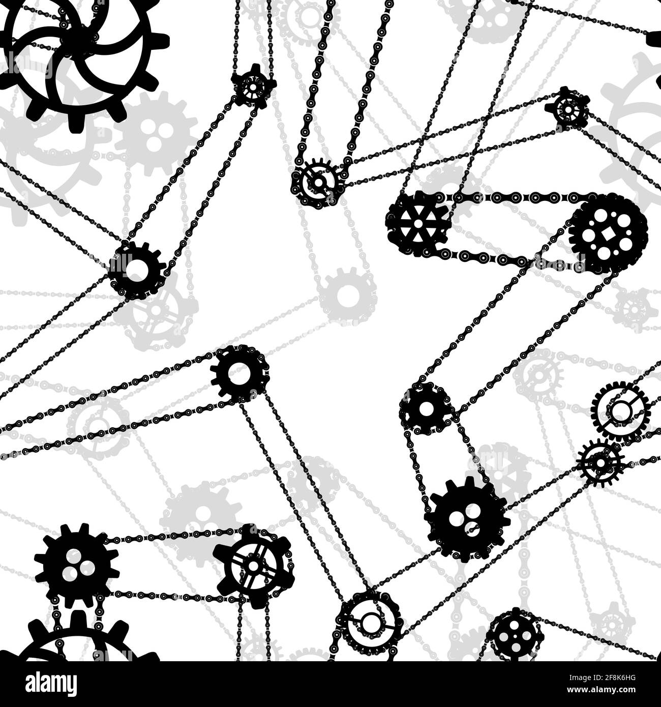 Un sacco di nero diverse sagome di ruote dentate collegate da catene di biciclette, antico meccanismo Steampunk modello senza giunture su bianco Illustrazione Vettoriale