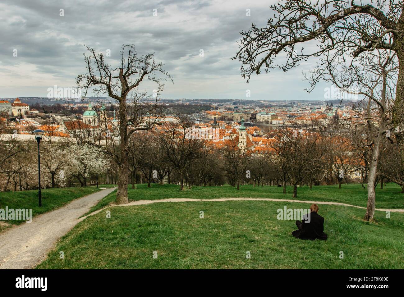 Uomo solitario che si rilassa nel parco e gode di una vista panoramica di primavera di Praga, repubblica Ceca. Fioritura dei ciliegi sakura sulla collina di Petrin. Tetti rossi Foto Stock