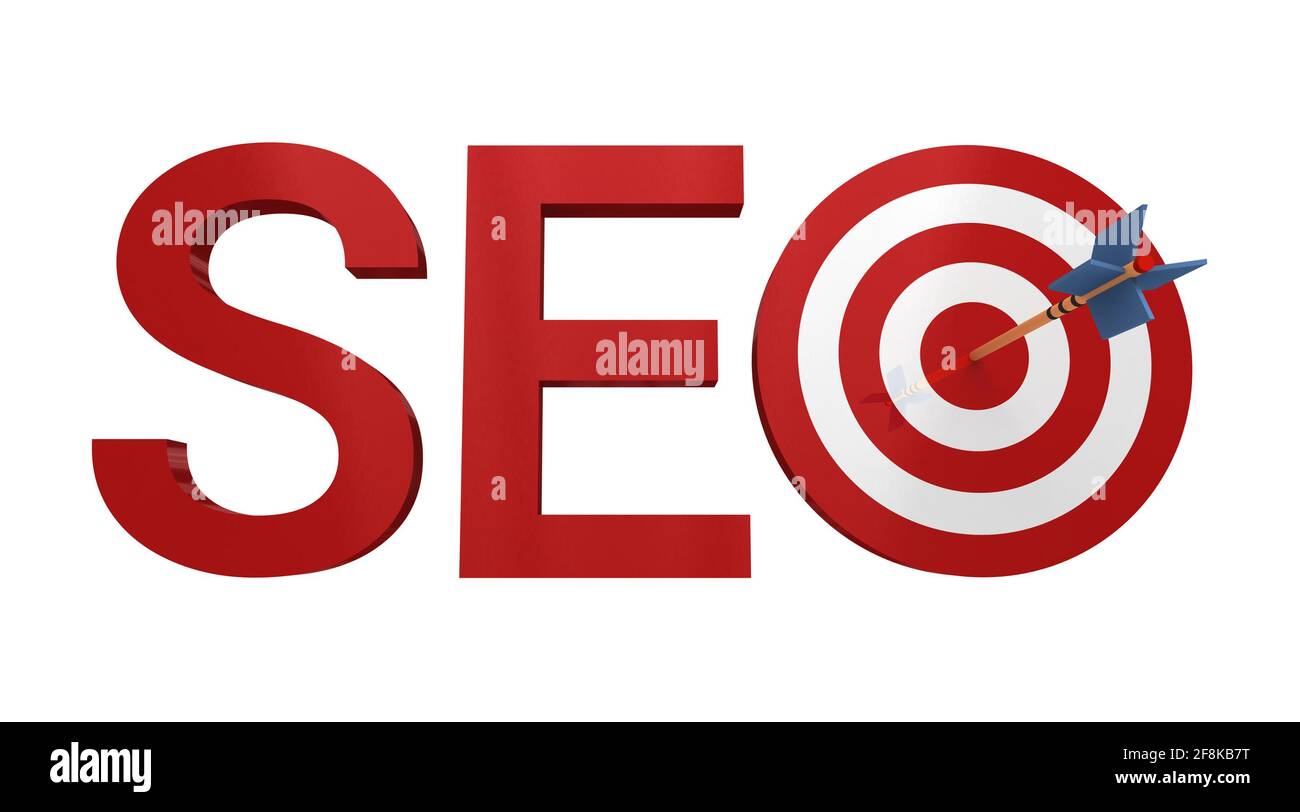 Word SEO con target e freccia, isolato su sfondo bianco. Illustrazione 3D. Foto Stock