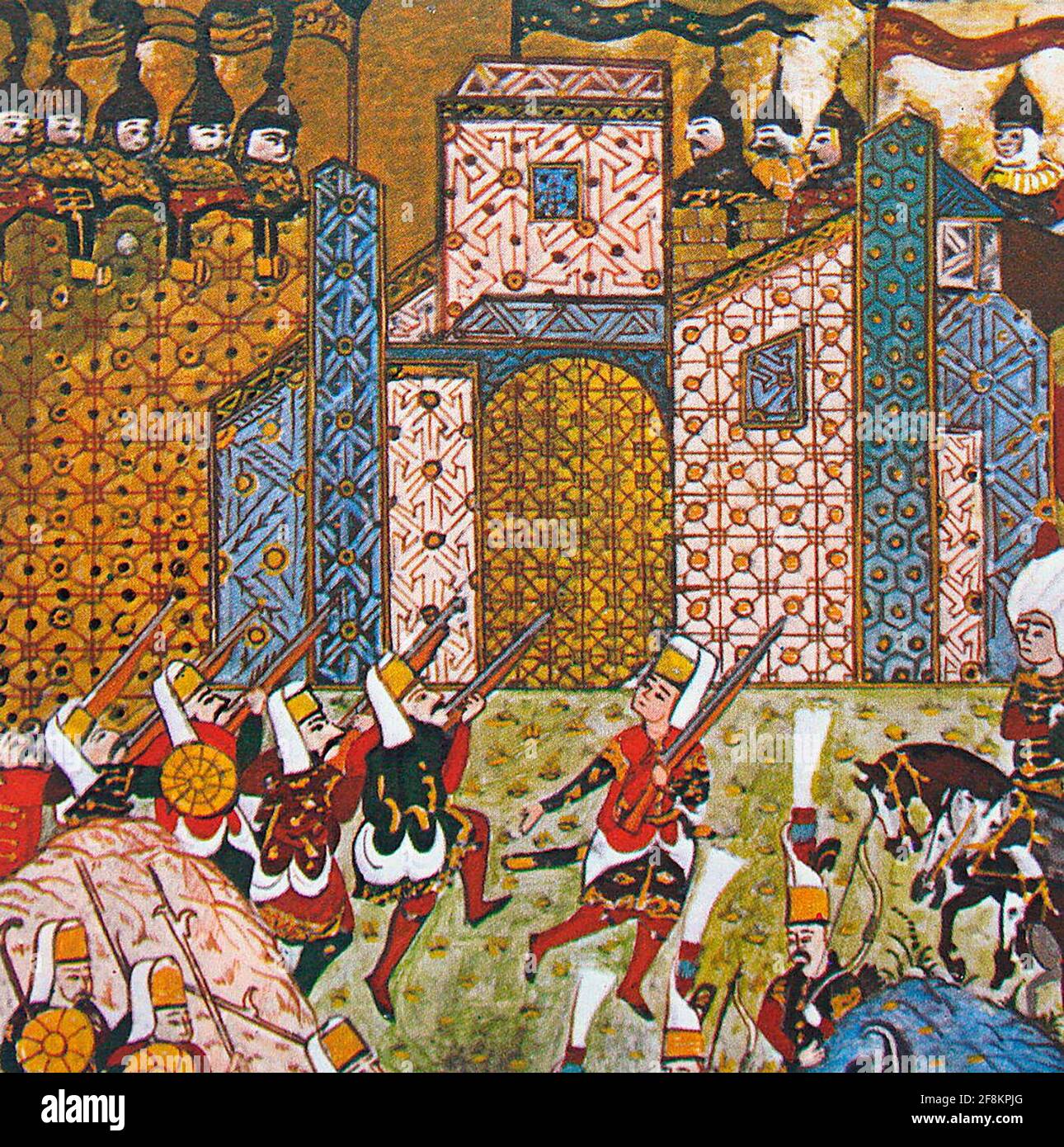 Janissari Ottomani e Cavalieri in difesa di San Giovanni, assedio di Rodi (1522) Foto Stock