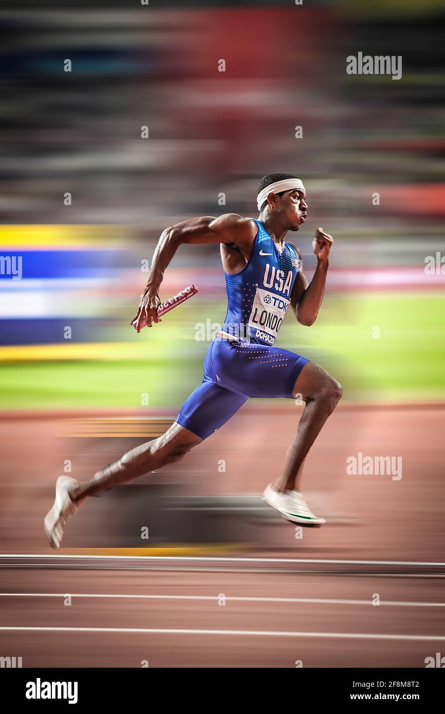 Doha. VIL London che corre i 4x100 metri dei Campionati del mondo di Doha 2019. Foto Stock