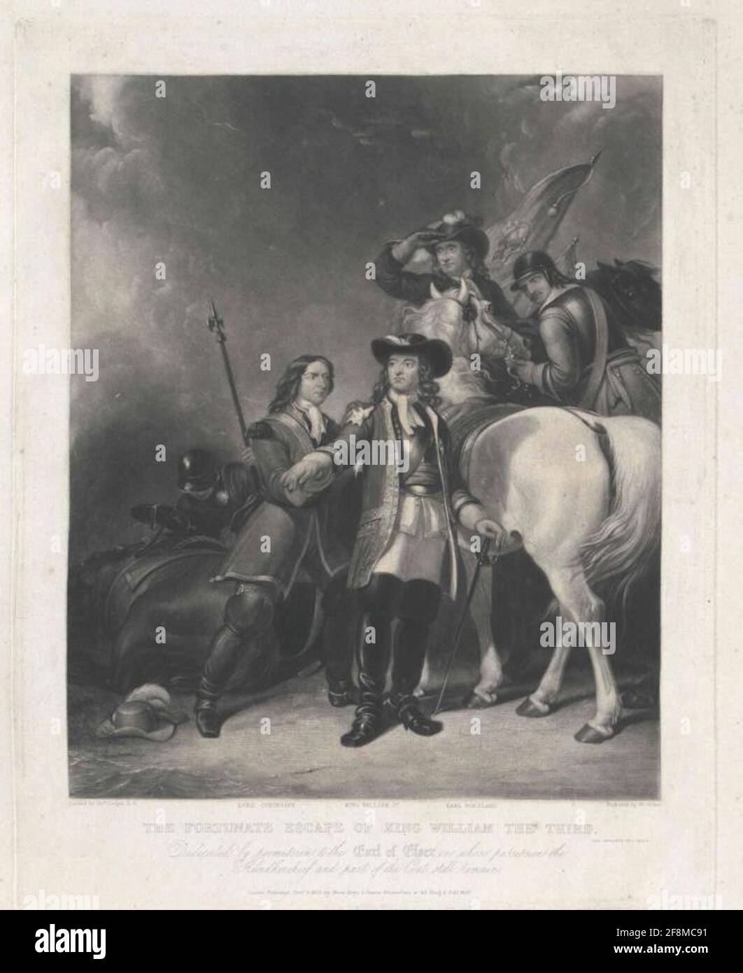 Guglielmo III, Principe d'Orania, la felice fuga del re d'Inghilterra Wilhelm il giorno prima della battaglia a Boyne [10. Luglio 1690]: In un'esplorazione era caduto in un pericolo di morte, come colpi nemici ha preso il suo compagno e lo ha ferito sulla spalla. Due nobili seguaci assicurano il salvataggio del re nascente: Lord Coningsby è ancora la ferita con il suo fazzoletto sopra Wilhelm's Rock, il conte Portland e un vettore di bandiera a cavallo cercare; lasciato nella foto un cavallo caduto, prima di un cappello sul pavimento; Vapore in polvere sullo sfondo; in fondo al bordo di tre nomi personali, designati Foto Stock