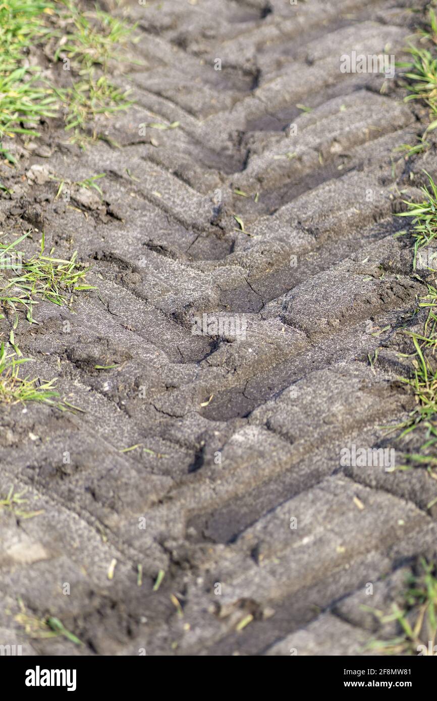Colpo verticale di terra sporca con segni di pneumatico su di esso Foto Stock