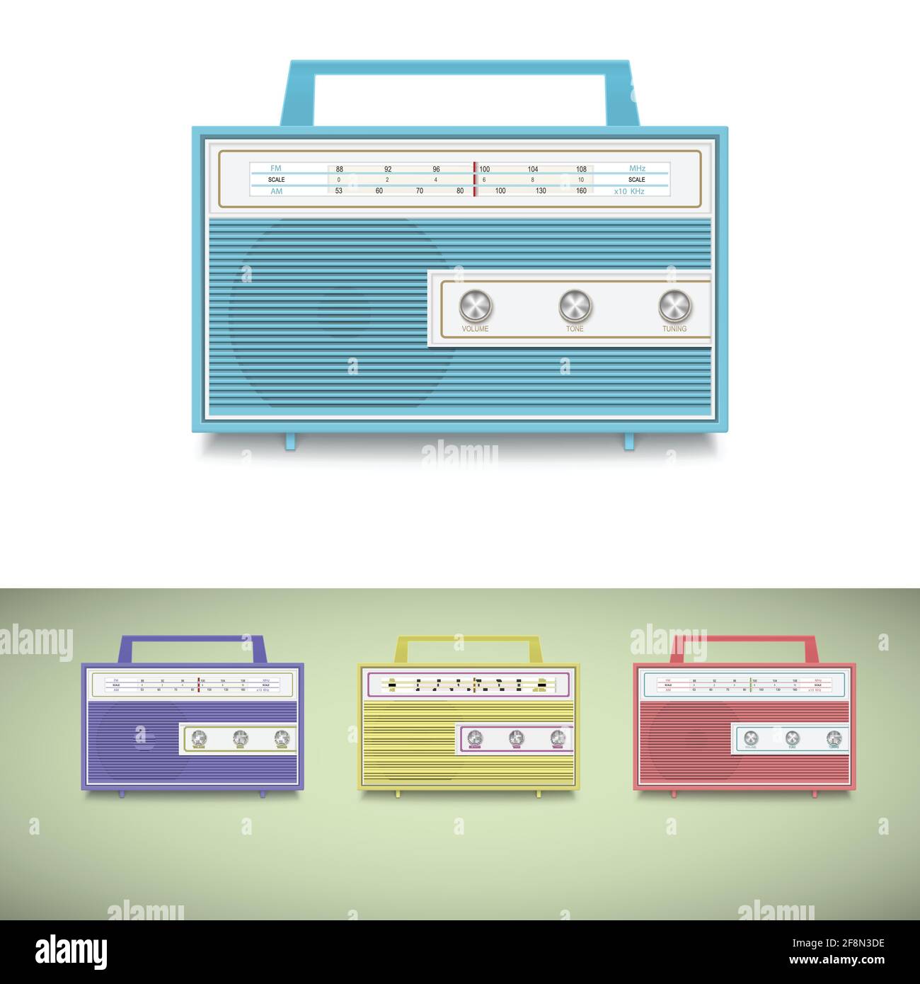 Set di ricevitori radio vintage. Apparecchi in diversi colori. Illustrazione Vettoriale