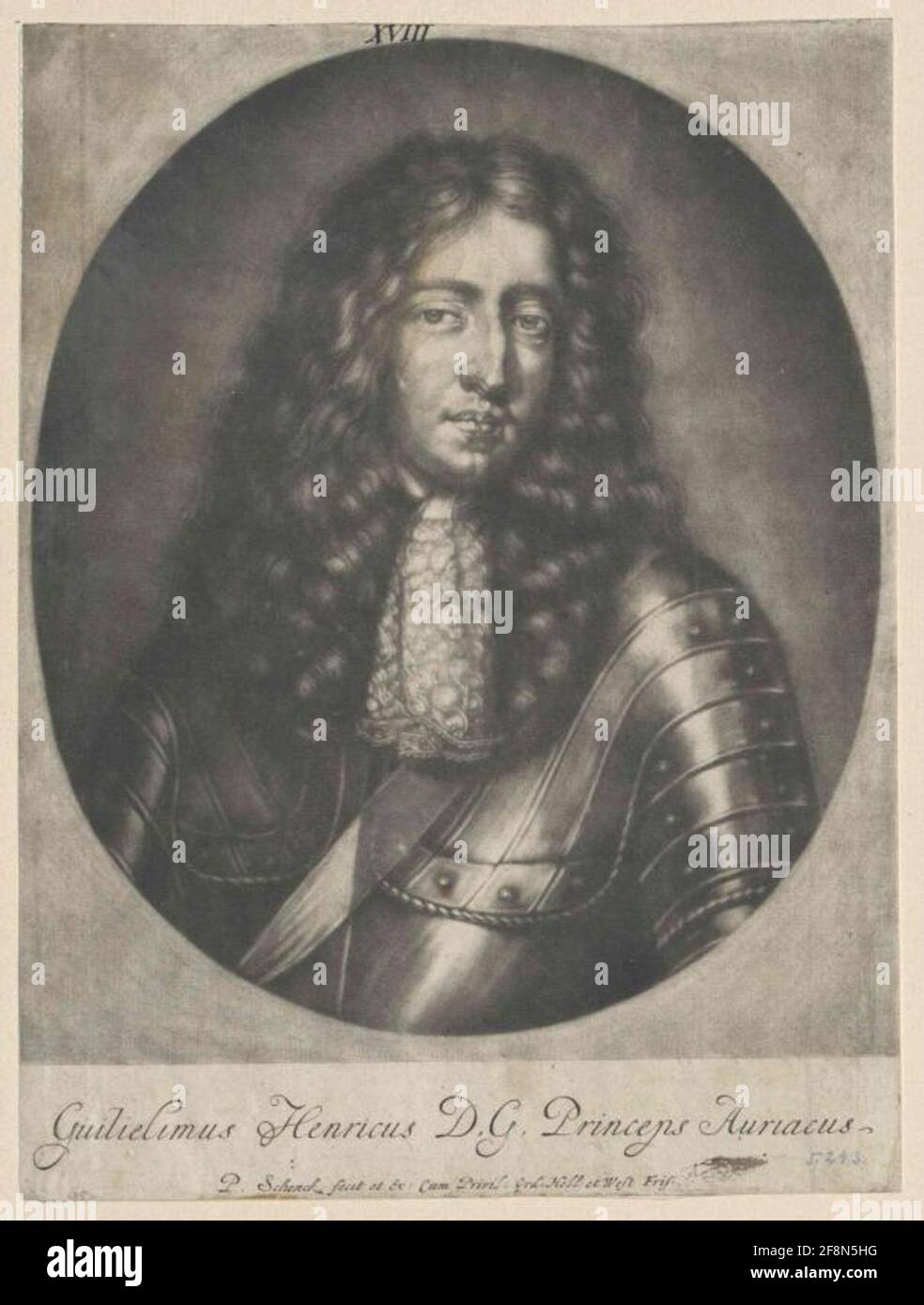 Wilhelm III, Principe di Orania, re d'Inghilterra quasi metà figura, in faccia da destra, corpo qualcosa da sinistra; con la parrucca allon; in Hornic, con il jabot superiore; Shoulderband (nascosto intorno alla spalla sinistra) attraverso il petto; in ovale, sul bordo superiore il numero manoscritto 'XVIII' [inchiostro]; in ambiente rettangolare; Sotto la rappresentazione del latino monolinea. Legenda, il nome, l'editore e la nota sui privilegi. Conicità, realizzata e in movimento da Pieter Schenk. Foto Stock