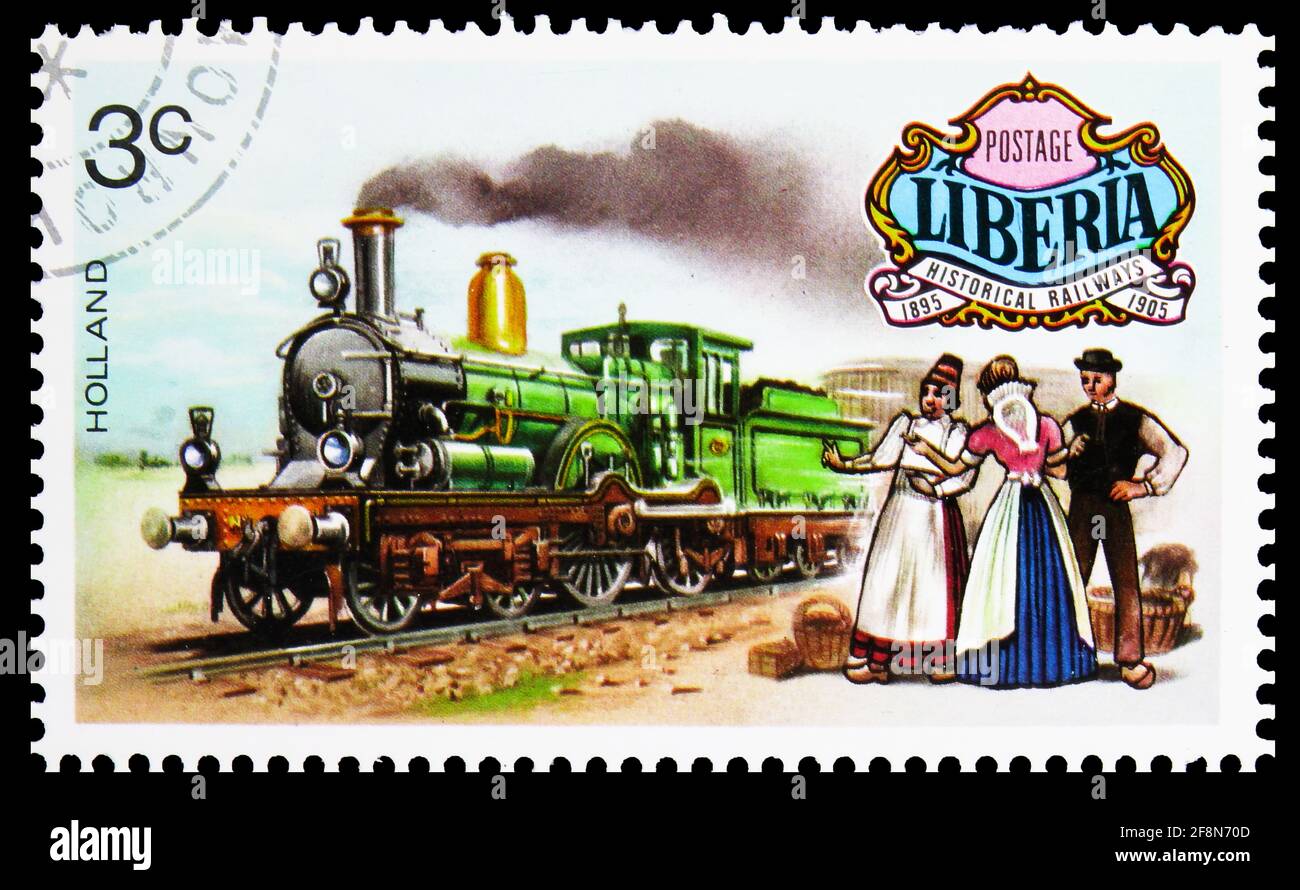 MOSCA, RUSSIA - 4 OTTOBRE 2019: Francobollo stampato in Liberia mostra Olanda, Heritage Railways 1895-1905 serie, circa 1973 Foto Stock