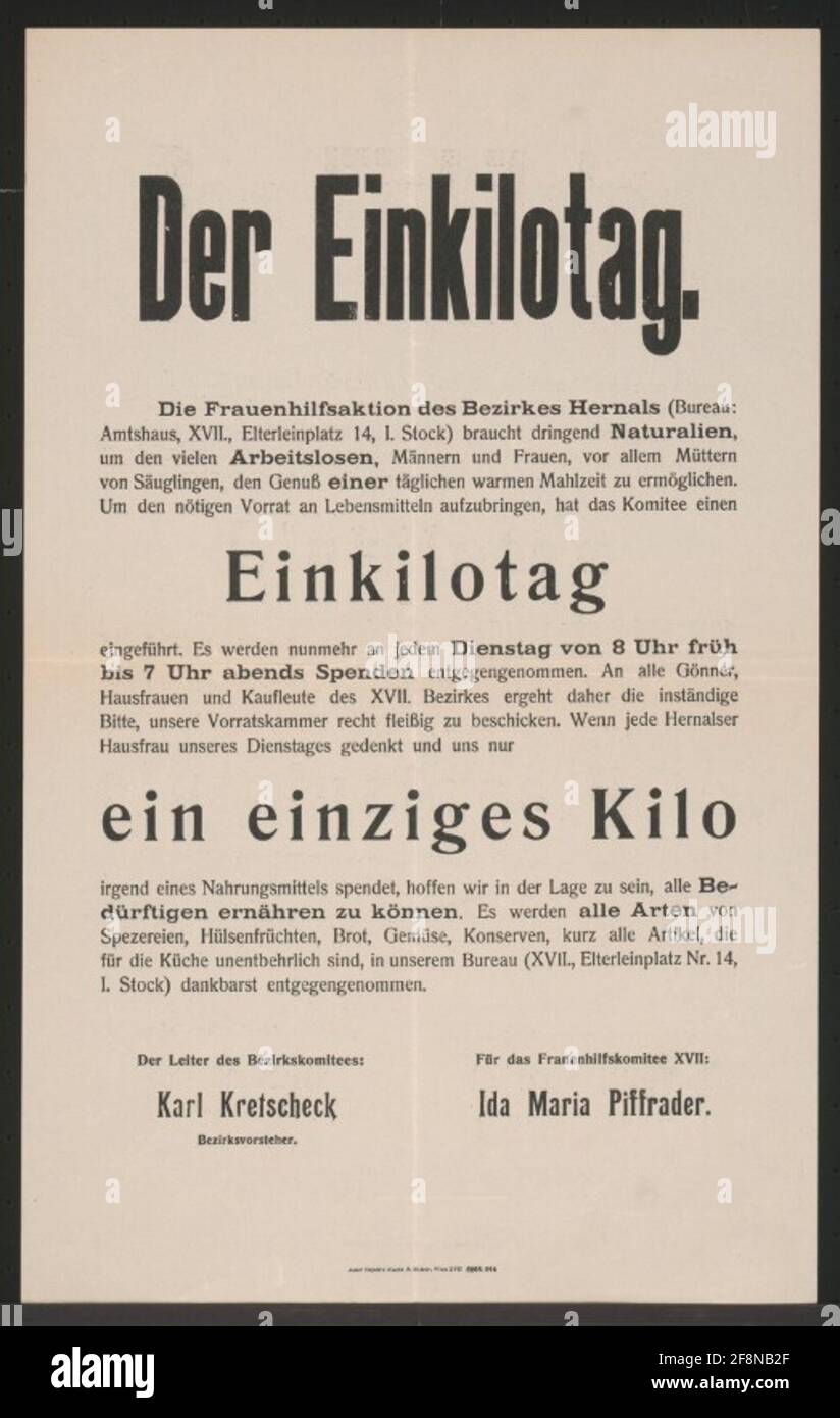 La giornata monosilotica - la campagna di aiuti alle donne del distretto Hernals - Wien la presentazione di un chilo di cibo ogni martedì per fornire disoccupati, madri di neonati e altri bisognosi - il capo del comitato distrettuale Karl Kretcheck, Testate distrettuali - per il Comitato ausiliario femminile XVII Ida Maria Pfeiffer Foto Stock