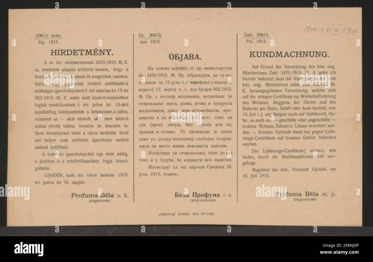 Merci continue - Kunstlancer - Neusatz - estensione multilingue dei certificati di ulteriore trasporto del frumento, della segala, dell'orzo e del kukuruz per treno, nave o auto utilizzati a metà frutta, avena, fagioli, Piselli e lenticchie - certificati di consegna disponibili presso la squadra principale della città - trasporto di questi beni solo in zona estera con certificato - Freistadt Ujvidék, 16 luglio 1915 - Profuma Béla, Sindaco - numero: 20613./Pol. 1915 Foto Stock