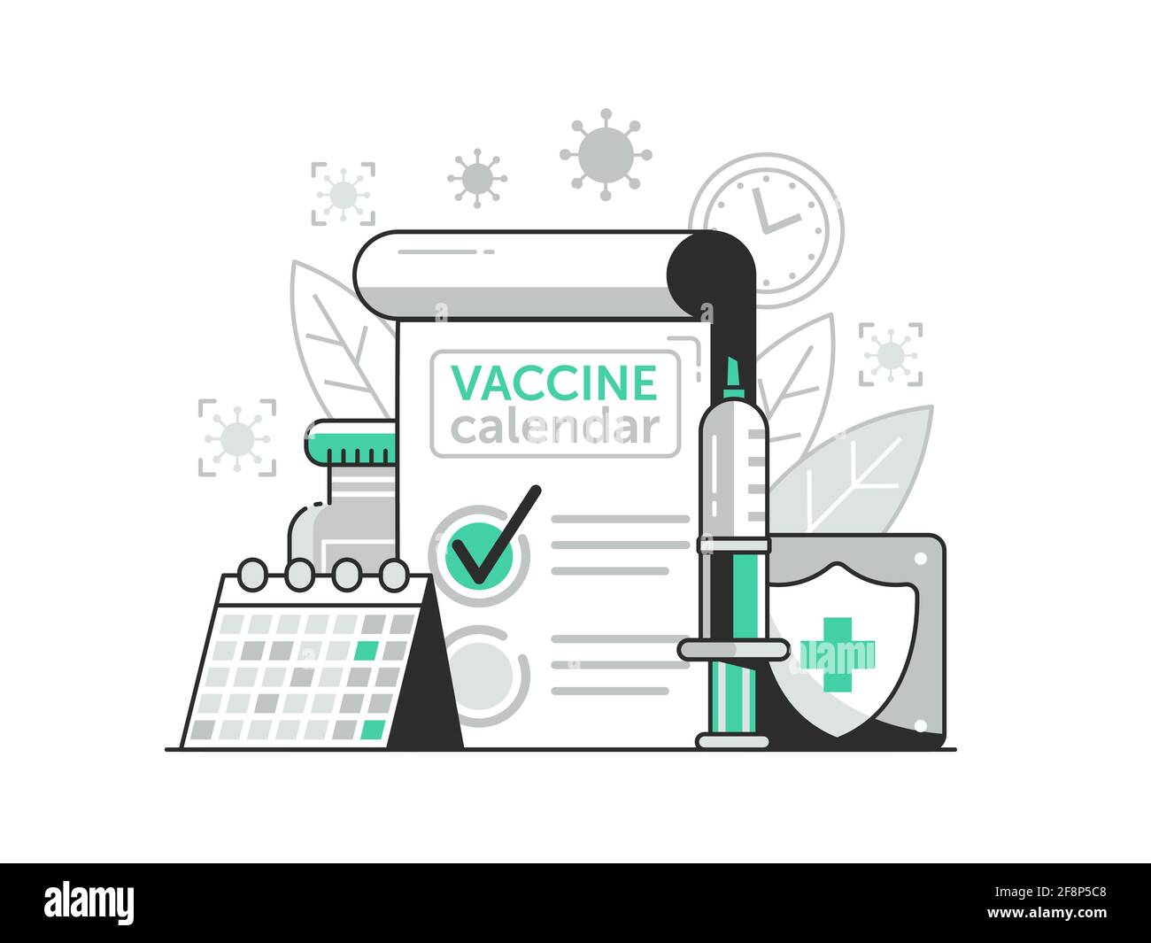 Campagna di vaccinazione Calendario concetto in Line Art Illustrazione Vettoriale