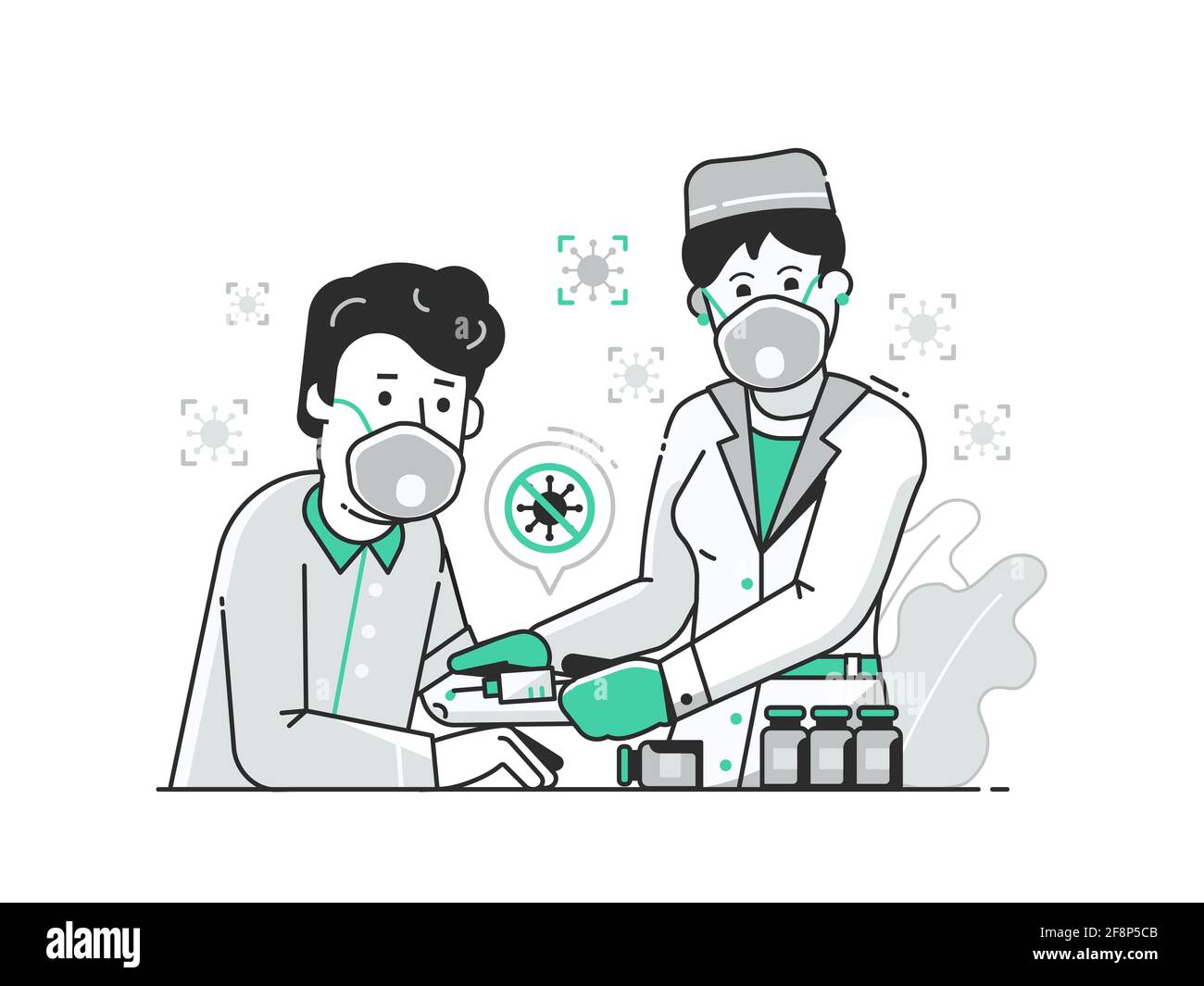 Il paziente ottiene l'iniezione di vaccino anti-virus in Lineart Illustrazione Vettoriale