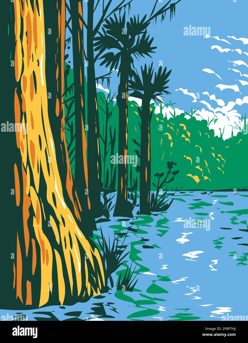 WPA Poster Art delle zone umide subtropicali in Everglades National Parco nello stato della Florida fatto in progetto di lavori stile amministrativo o federale Illustrazione Vettoriale