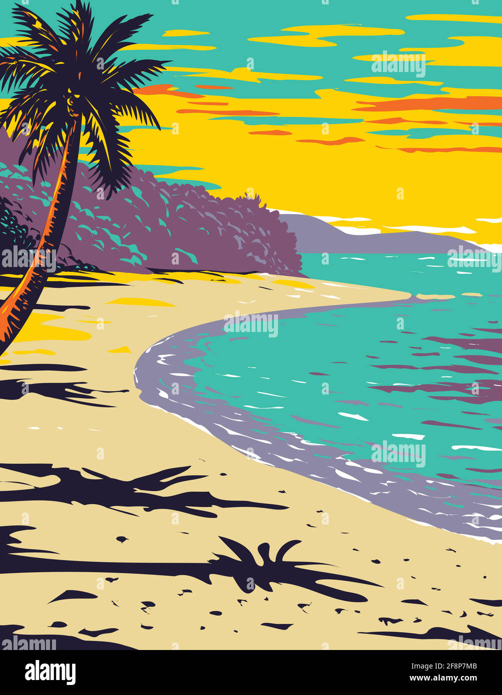 WPA Poster Art of Trunk Bay Beach situato all'interno di Virgin Isole Parco Nazionale sull'isola di San Giovanni in Il mare caraibico fatto in lavori di progetto adm Illustrazione Vettoriale