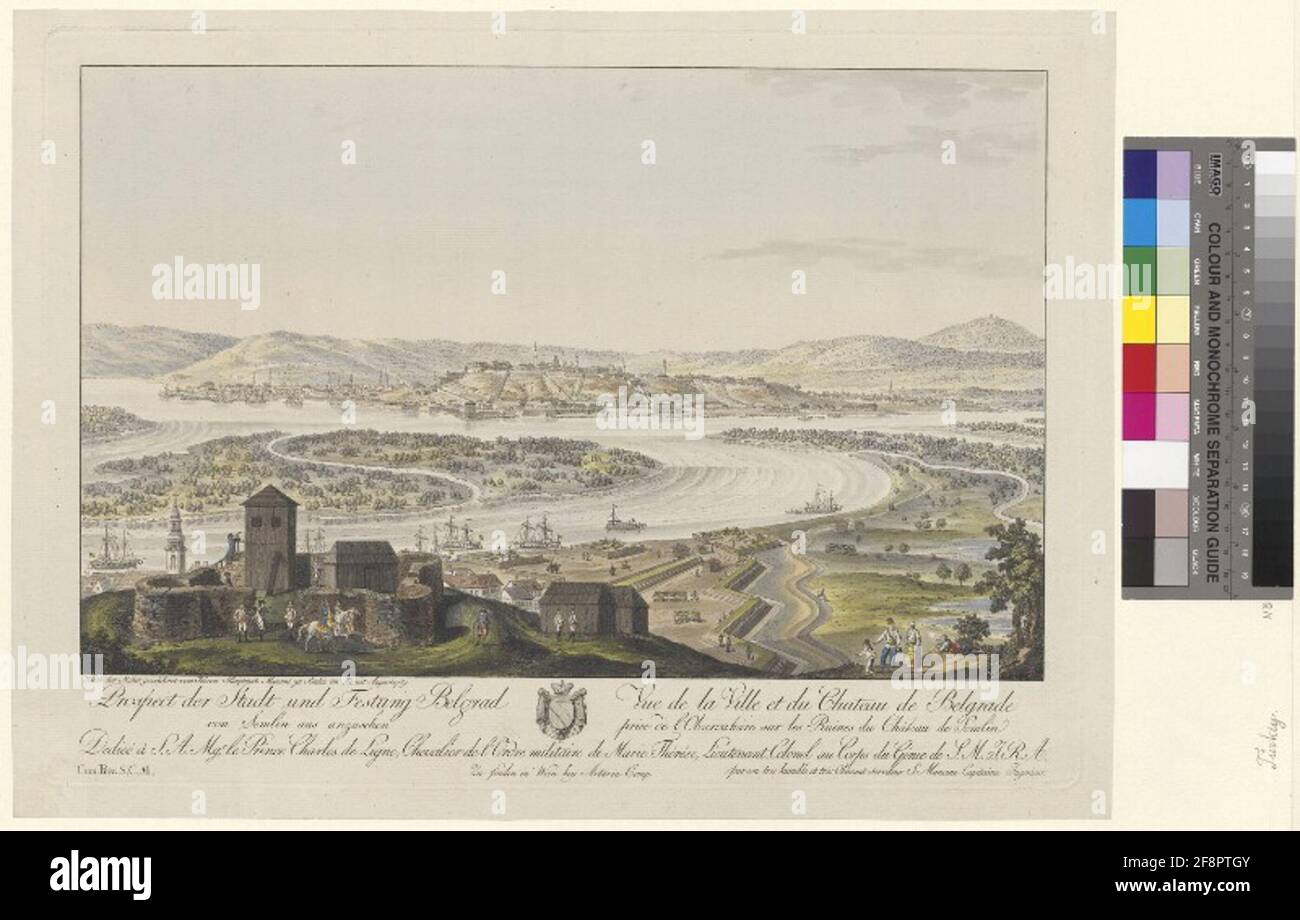 Prospect der Stadt und Festung Belgrad von Semin Aus Anzusehen. Vista della città e Castello di Belgrado prendendo l'Osservatorio sulle rovine del Castello di Semlin dedicato a SA mg.r Principe Carlo di linea, Cavaliere dell'Ordine militare di Marie-Thérése, Tenente colonnello al corpo delle Genie de SMI dal suo servitore molto umile e molto obeso S. Mancini Capitano Engineer Foto Stock