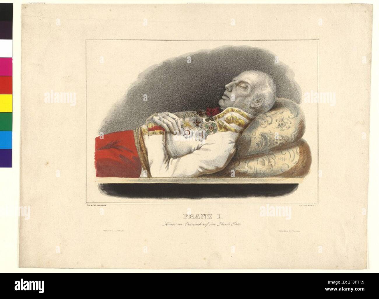 Franz II, imperatore romano-tedesco Totenbildnis in uniforme sul letto di parata. Litografia colorata con leggenda tedesca secondo il proprio disegno di Lanzedelly Foto Stock