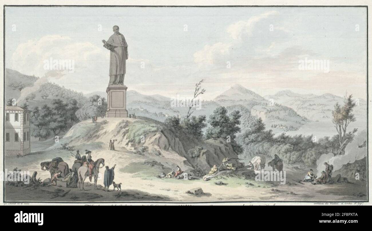 Veduta del Colosso di S. Carlo Borromeo sul Monte d'Arona. Questa statua in rame fu realizzata nel 1624 dal cardinale Federico Borromeo Arc, di Milano. L'altezza della statua è piedi parigini 64. Pag. 9. L 4. L'altezza del piedistallo è di 35 piedi, p.1.l.8. Foto Stock