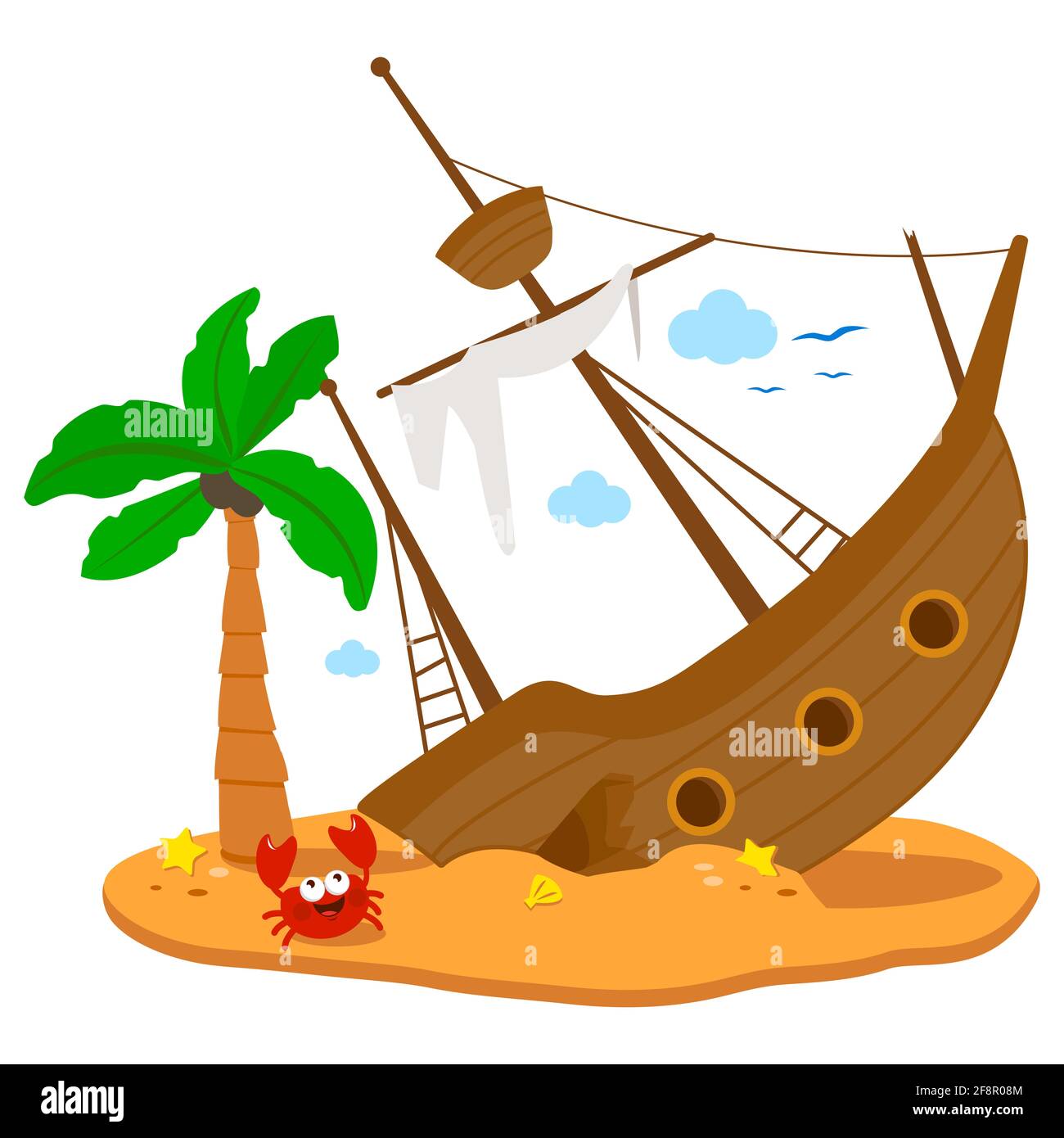 Una nave rotta su un'isola con una palma e un granchio. Foto Stock