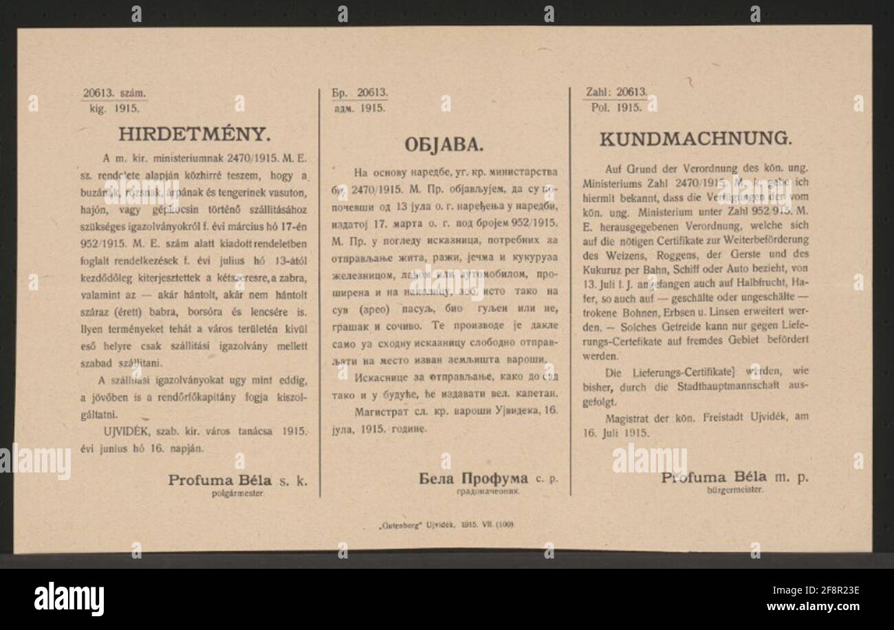 Merci continue - Personalizzazione - Neusatz - Poster multilingue ampliamento dei certificati di ulteriore trasporto, che in precedenza riguardavano il frumento, la segala, l'orzo e il kukuruz in treno, in nave o in automobile, a metà frutta, avena, fagioli, Piselli e lenticchie - certificati di consegna disponibili presso la squadra principale della città - promozione di questi beni solo all'estero con certificato - Freistadt Ujvidék, 16 luglio 1915 - Profuma Béla, Sindaco - numero: 20613./Pol. 1915 Foto Stock