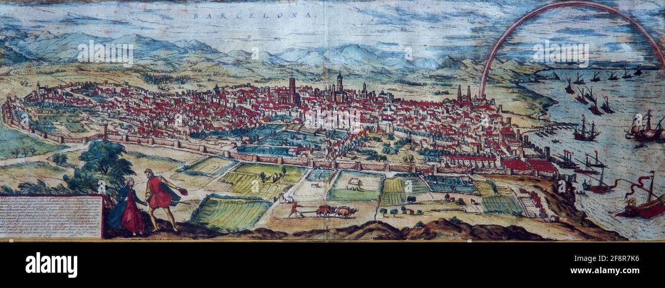 Joris Hoefnagel / Vista de Barcelona. Grado en color de 'Civitates orbis terrarum', 1582. Foto Stock