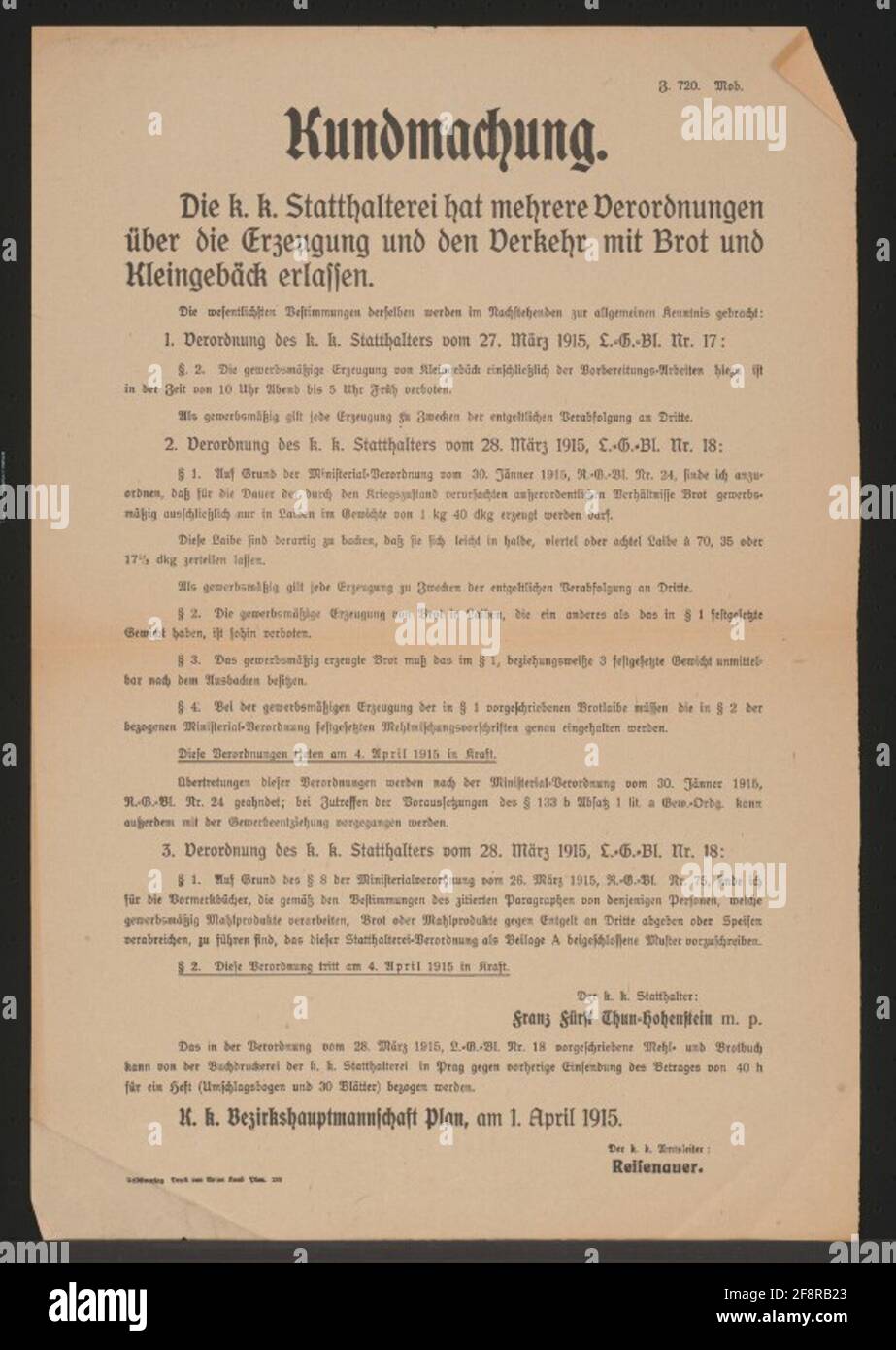 Broadgreting e vendite - Annuncio - piano 1. Regolamento: Divieto di cottura commerciale tra le 10 di sera e le 5 di mattina presto 2. Regolamento: Solo il pane come pane di 1 chilogrammo 40 Decagram, che è dimezzato, quarto e ottavo, per la vendita - permesso Flour mescolando le regole - trasgressioni punishable3. Regolamento: Portare ad approvvigionamenti preliminari secondo il modello allegato duty - il k. Titolare dell'istituzione: Franz Prince Thun-Hohenstein m. P.4. Parte: Farina e panino possono provenire dalla stampa del libro del K. Uovo di installazione a Praga contro la presentazione della quantità di Foto Stock